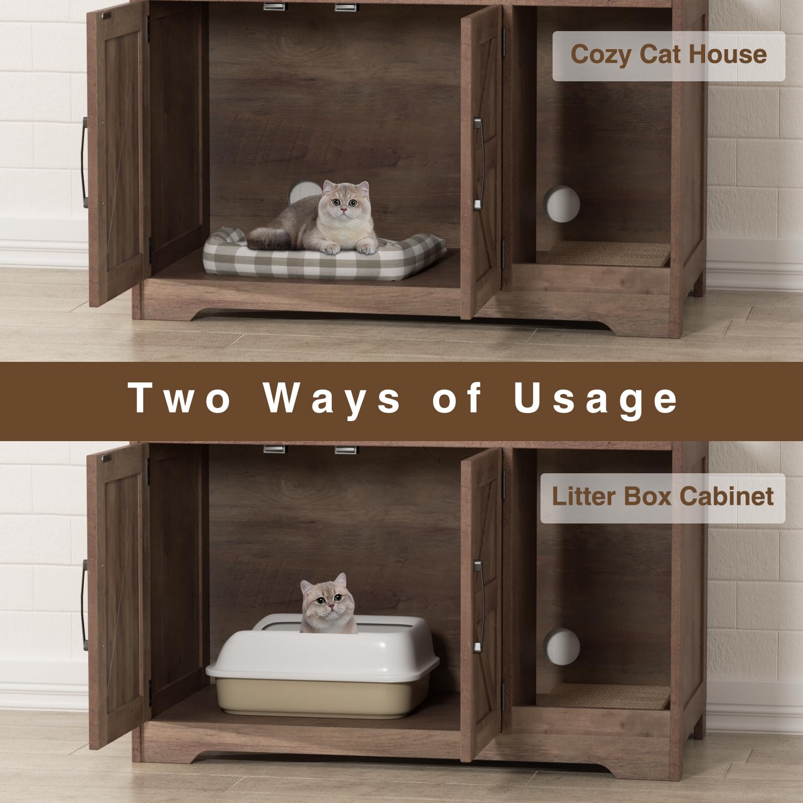 Cat Litter Box Enclosure, Hidden Litter Box Furniture with Scratch Pad, Farmhouse Indoor Cat House Washroom End Table, Retro Brown - image 7