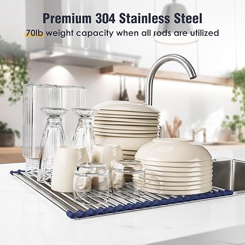 Miniatura 5 de Tomorotec Escurridor de platos enrollable de 17.7" x 15.5" sobre fregadero, cubierta para fregadero, accesorio gadget para fregadero de cocina,