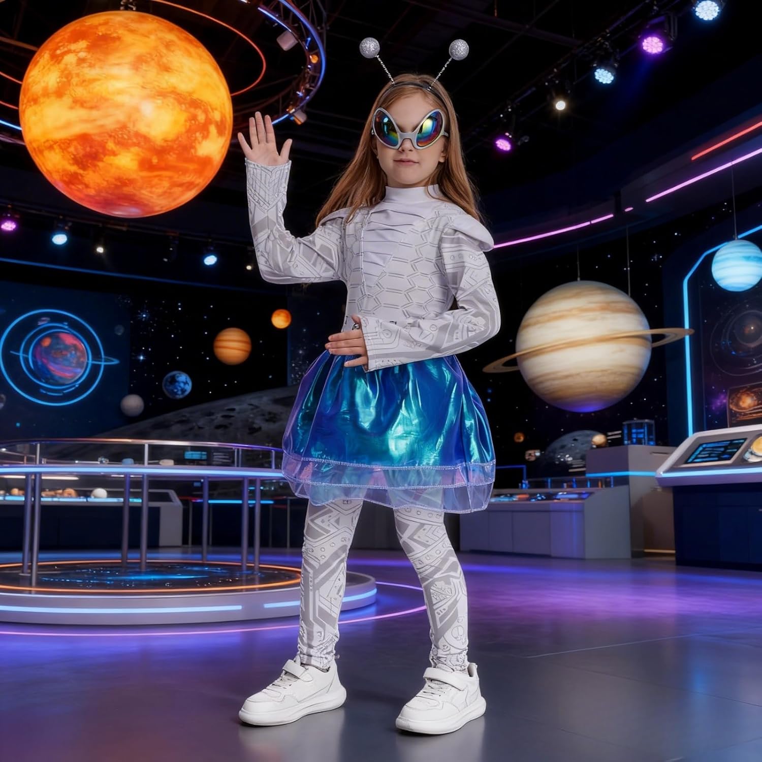 Kids Alien Costume Girls Cosmic Galaxy Outfits Children Robot Outfit 4PCS Set with Alien Glasses Halloween Cosplay