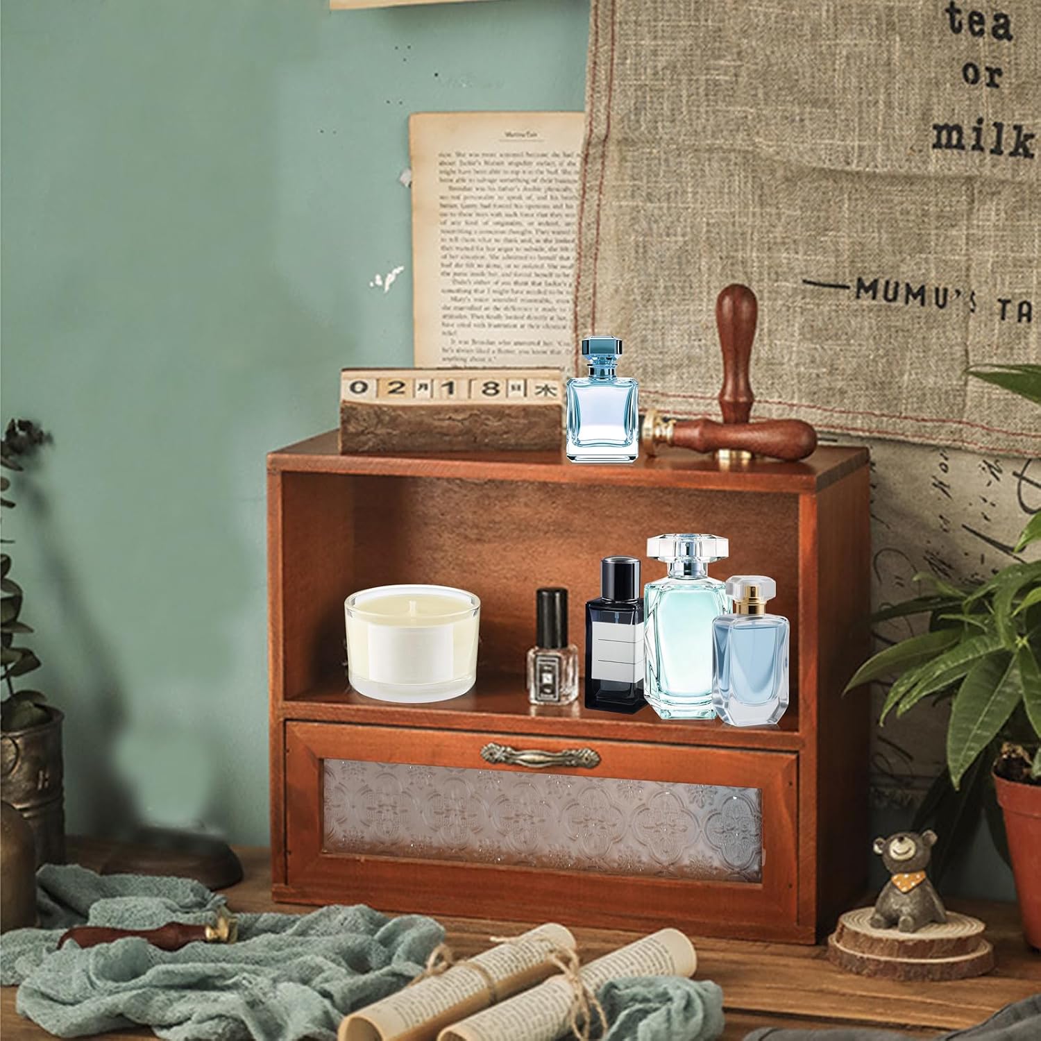 SnowTing Wooden Cologne Organizer for Men, Vintage Solid Wood Desktop Perfume Display Shelf with Drawer, Great Perfume Holder Gift for Father, Boyfriend (Brown)
