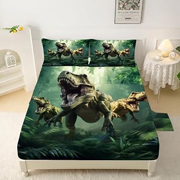 Dinosaurs Bed Sheets Queen for Boys Kids Soft Microfiber Bedding Sheets Set 3D Realistic Dinosaur Green Fitted Sheets Set Breathable Dinosaur Bed Sheet for Kids Room Decor