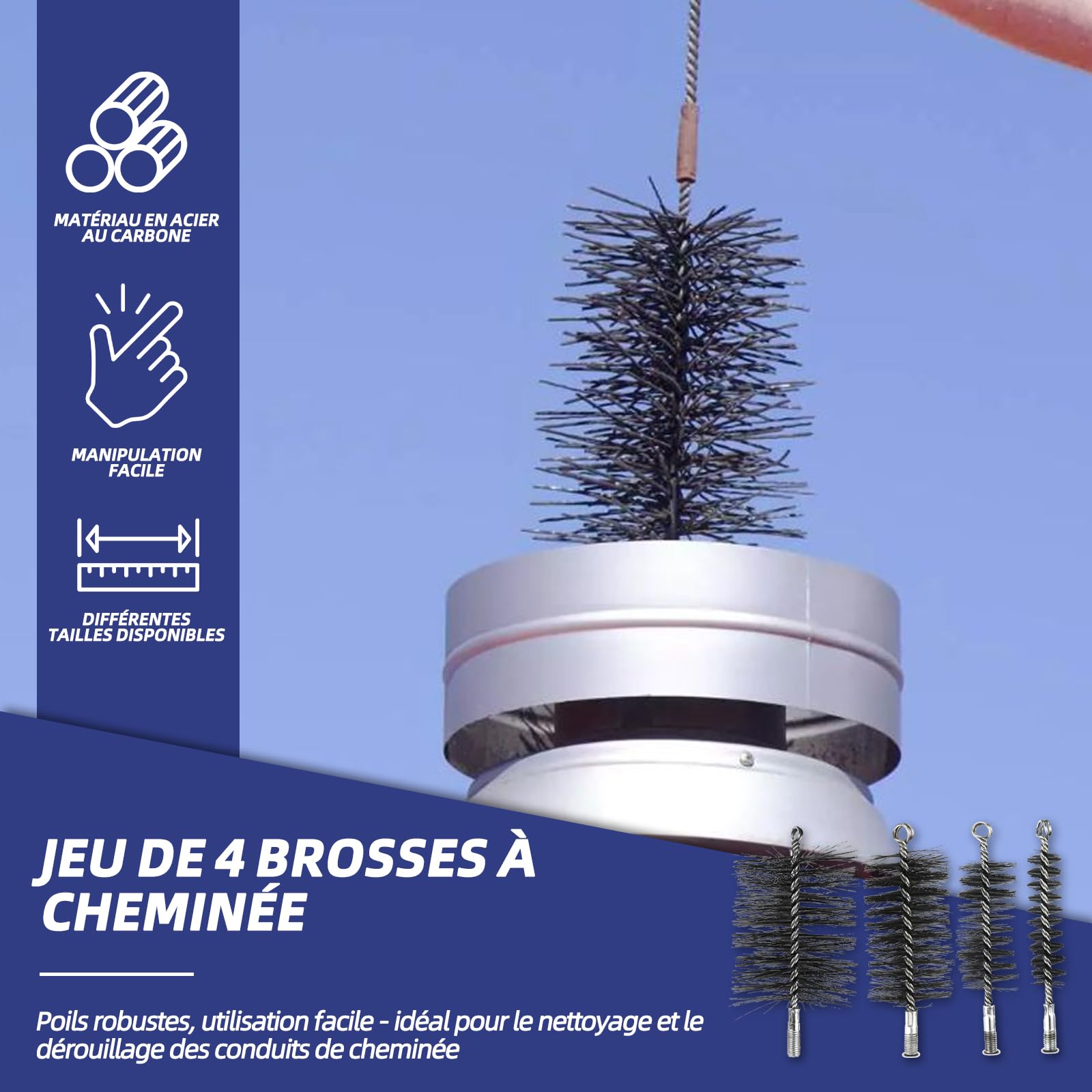 Lot de 4 brosses pour tuyau de poêle avec brosses de 30/50/80/150 mm, avec fil d'acier de 1 m et tige de poussée, balai de cheminée pour cheminée, tuyau de poêle et tuyau de fumée