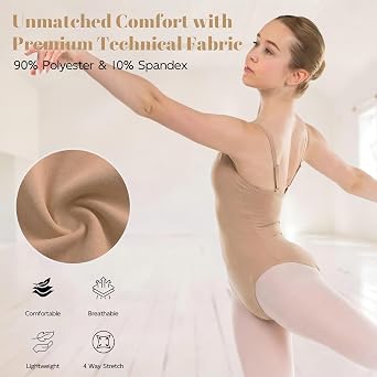 Gymnastics Leotards for Girls Women, Nude Seamless Camisole Leotard with Adjustable Strap and Clear Strap for Ballet Dance, Dancewear Undergarment Costume with hair band for Kids Adults
