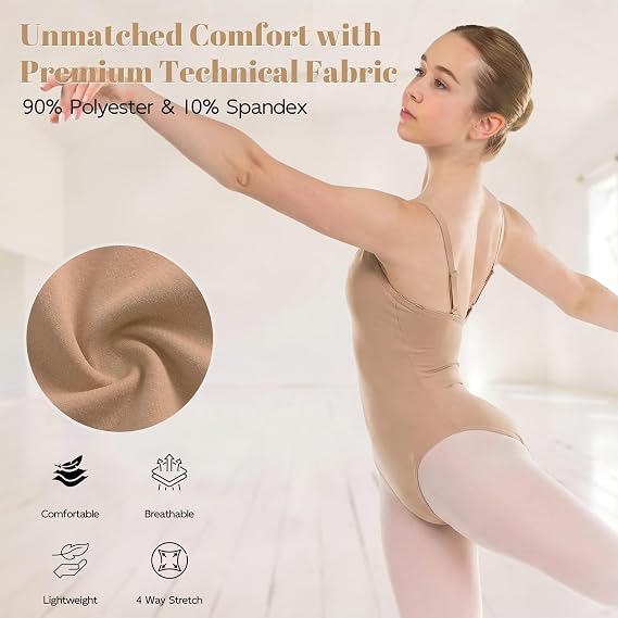 Gymnastics Leotards for Girls Women, Nude Seamless Camisole Leotard with Adjustable Strap and Clear Strap for Ballet Dance, Dancewear Undergarment Costume with hair band for Kids Adults
