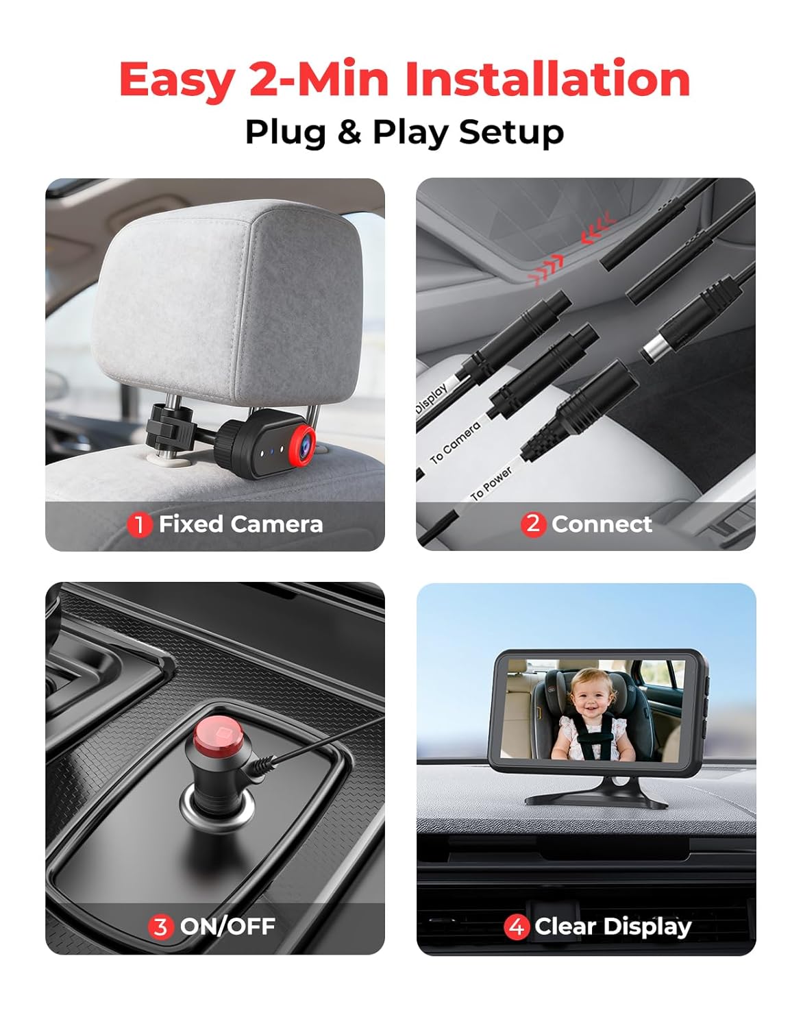 BM2A Baby Car Camera, Night Vision & 5.2" 1080P Display for Rear-Facing Car Seats, Easy No-Damage Install, Patented Anti-Shake Mount – Ideal for Parents and Pet Owners