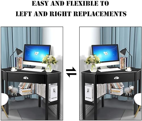 Miniatura 34 de Tangkula Escritorio esquinero, escritorio de esquina para computadora con cajón para espacio pequeño, escritorio de tocador de maquillaje de esquina