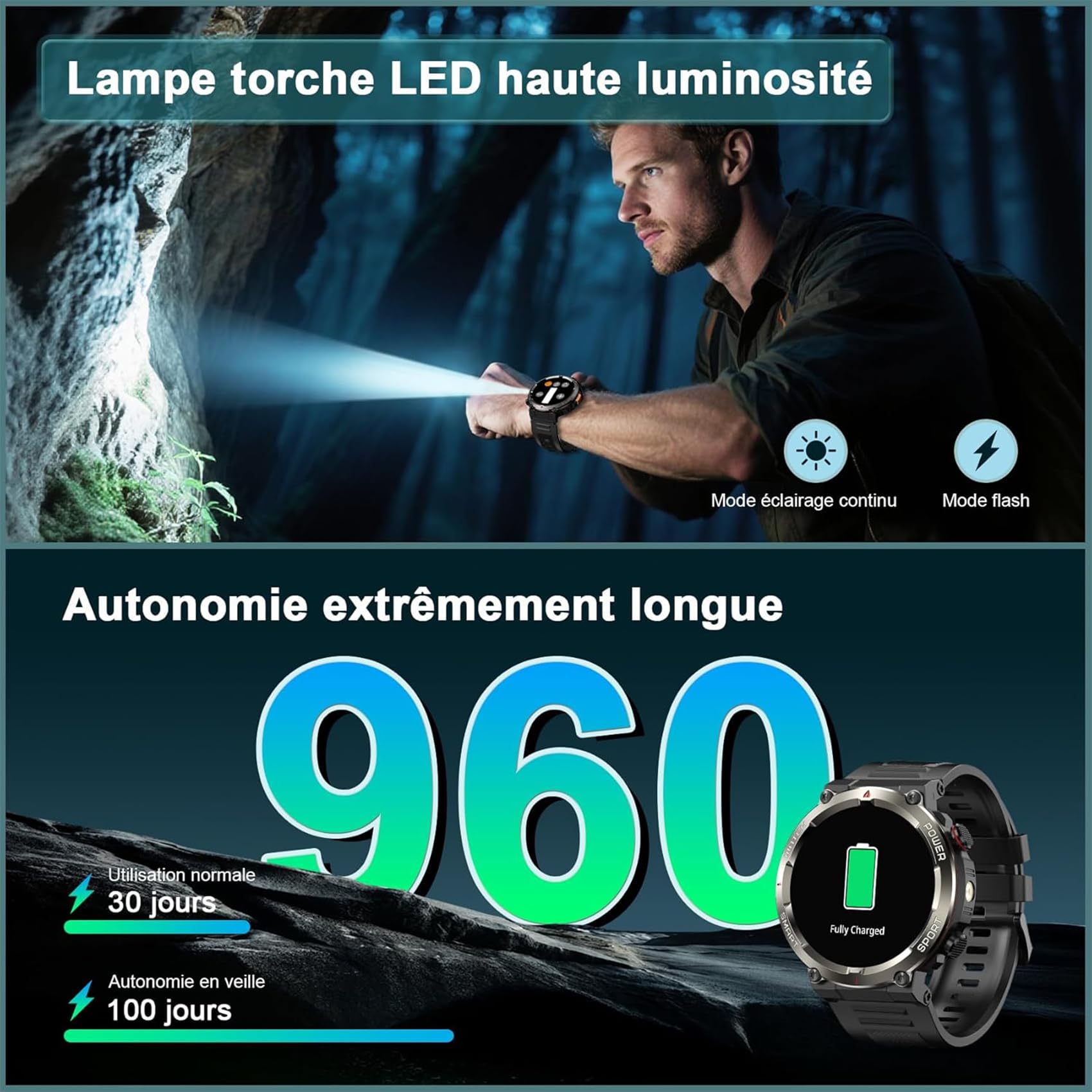 Montre Connectée Homme IP68 Étanche 960mAh 100 Jours Appels Bluetooth | Smartwatch Homme avec Écran 1,45" HD, Lampe LED, Boussole, Fréquence Cardiaque, Sommeil, 100+ Sportifs pour Android iOS, Noir
