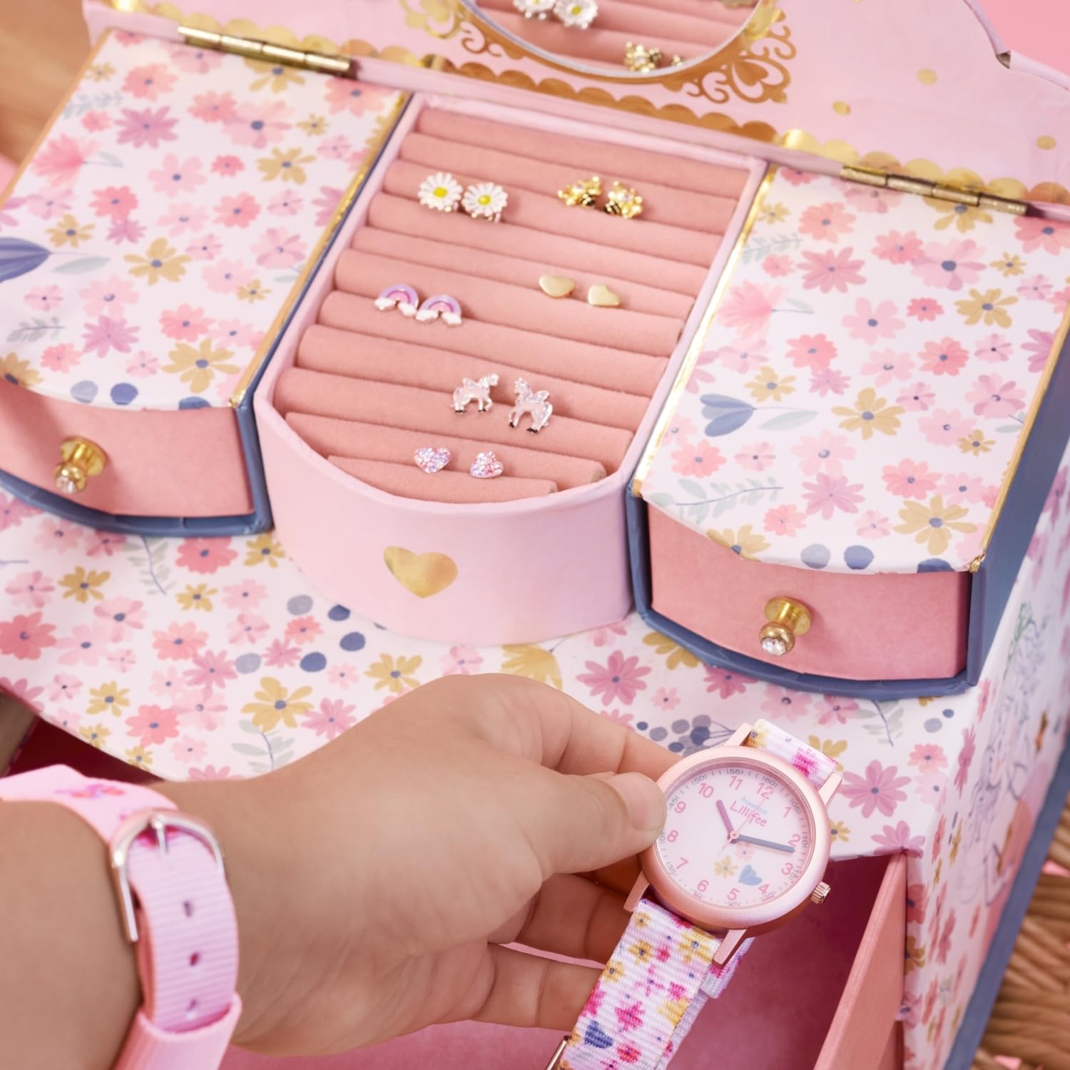 Prinzessin Lillifee Dziewczęcy zegarek kwarcowy analogowy z paskiem tekstylnym, wodoodporny do 3 barów, w pudełku prezentowym