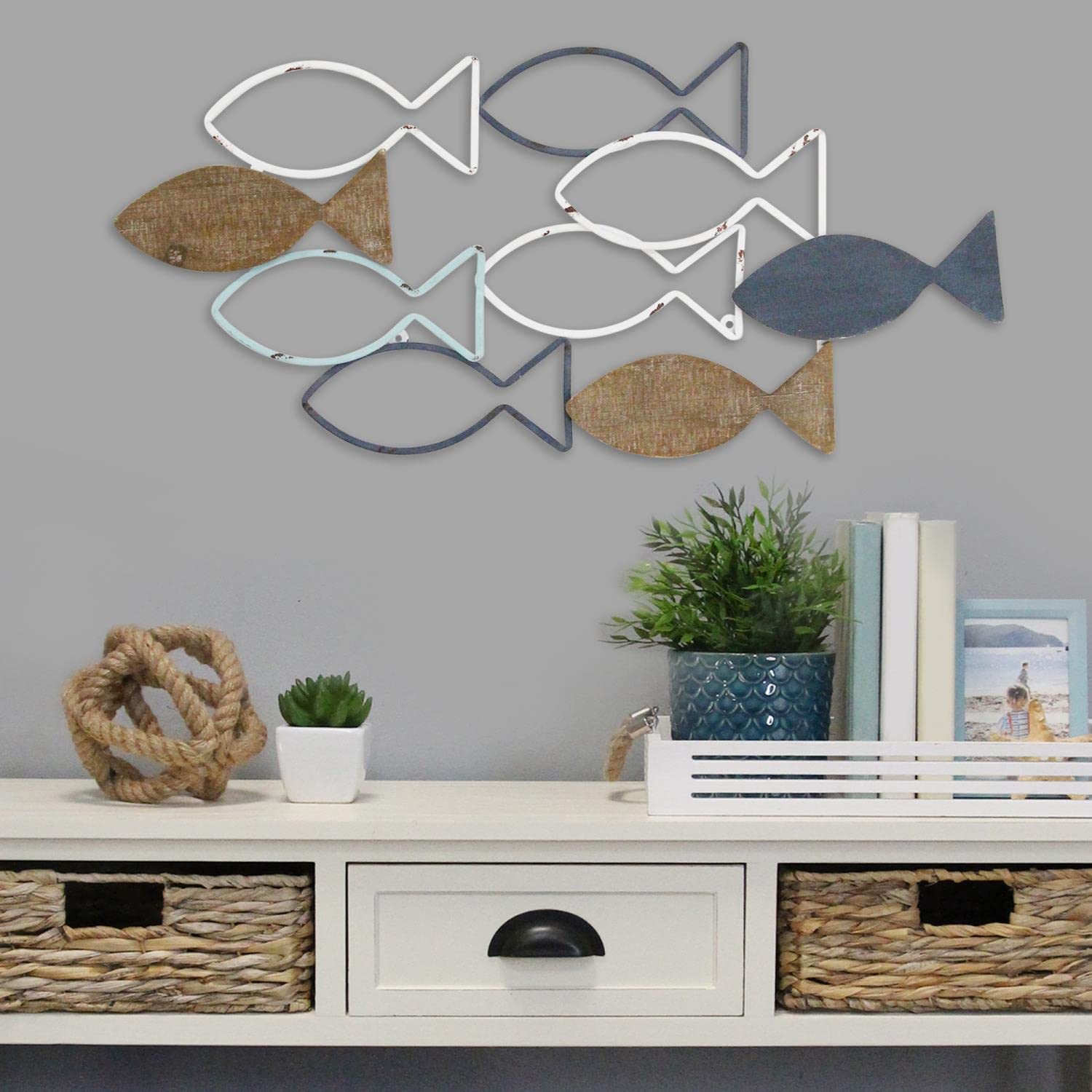 Stratton Home Decor Wood and Metal School of Fish Wall Decor - Handcrafted Decorative Centerpiece Indoor Coastal-Themed Ornament Nautical Accent Piece for Bedroom Living Room Hallway Study product thumbnail 4