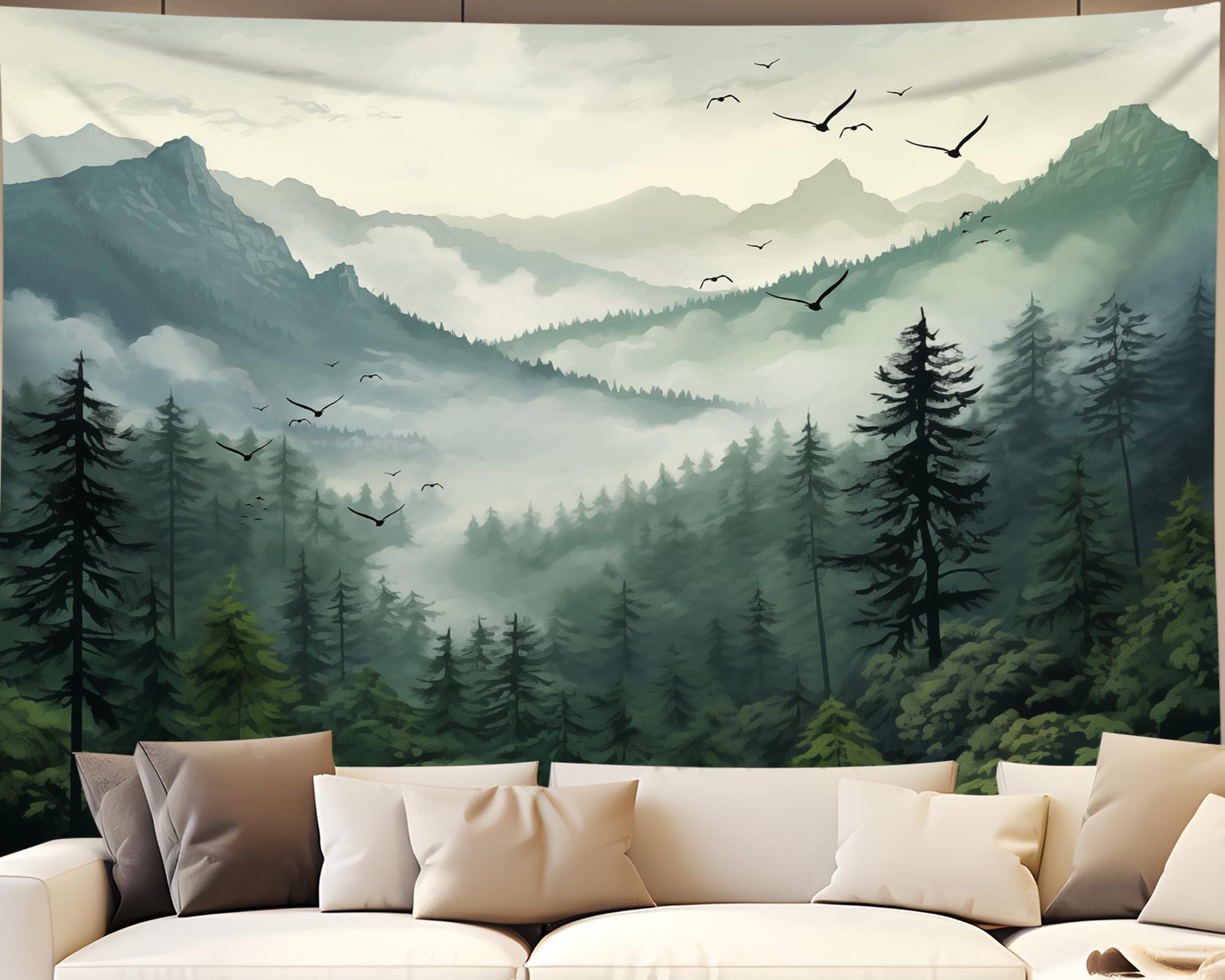 QGHOT Misty Forest Tapestry Nature Tree Tapestries Wall Hanging Foggy Large Wall Tapestry for Bedroom Living Room Home Decor (90x70in)