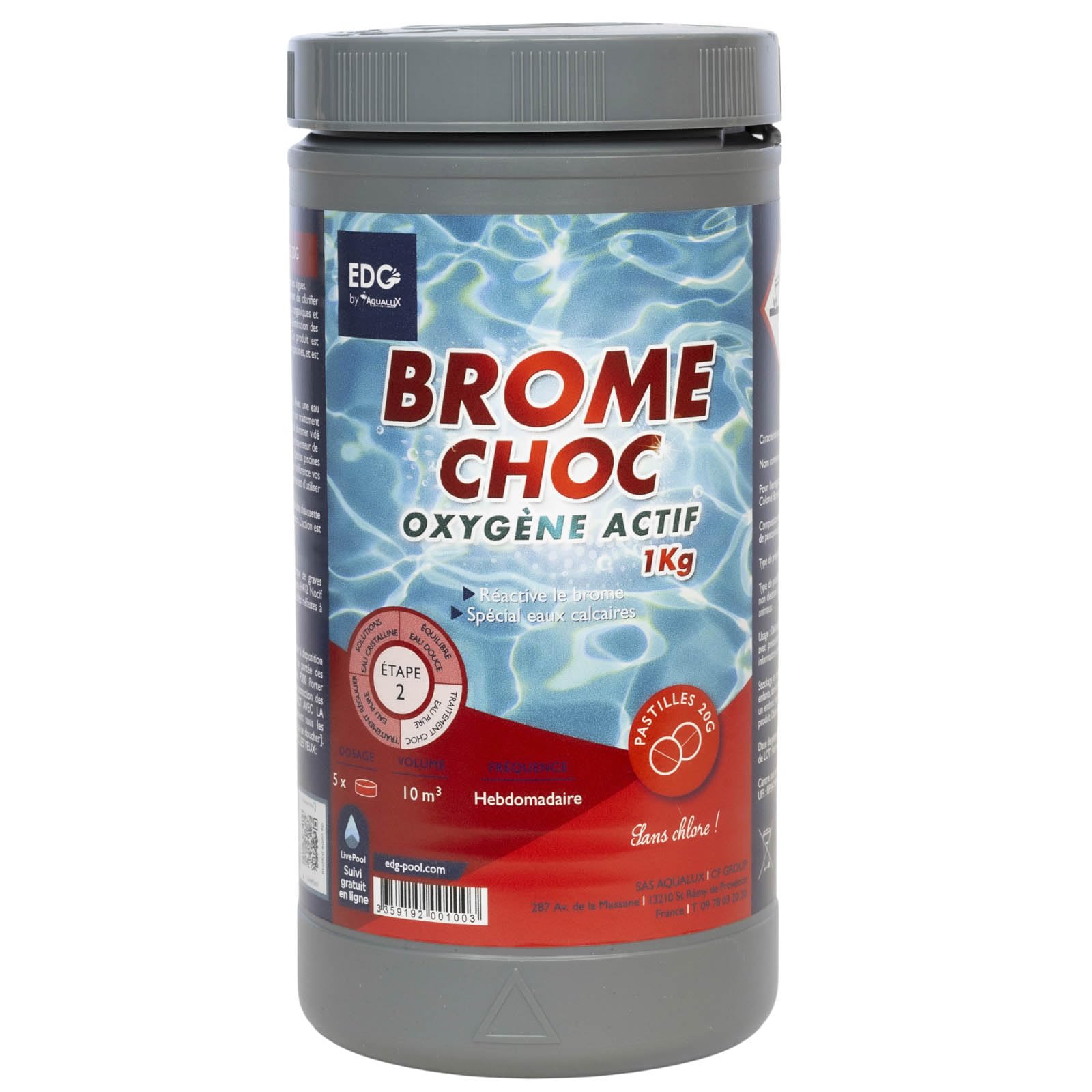 EDENEA - Oxygène Actif - sans Chlore - Brome Choc Spa Piscine - Re Activateur de Brome Spécial Spa - Pastilles 20g - Pot 1kg - Gamme EDG by AQUALUX International