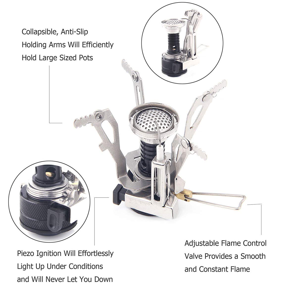 Backpacking Stove Portable Camping Stove with Piezo Ignition Stable Supports Ultralight Stove for Camping Hiking and Backpacking Trips Cooking (Black)