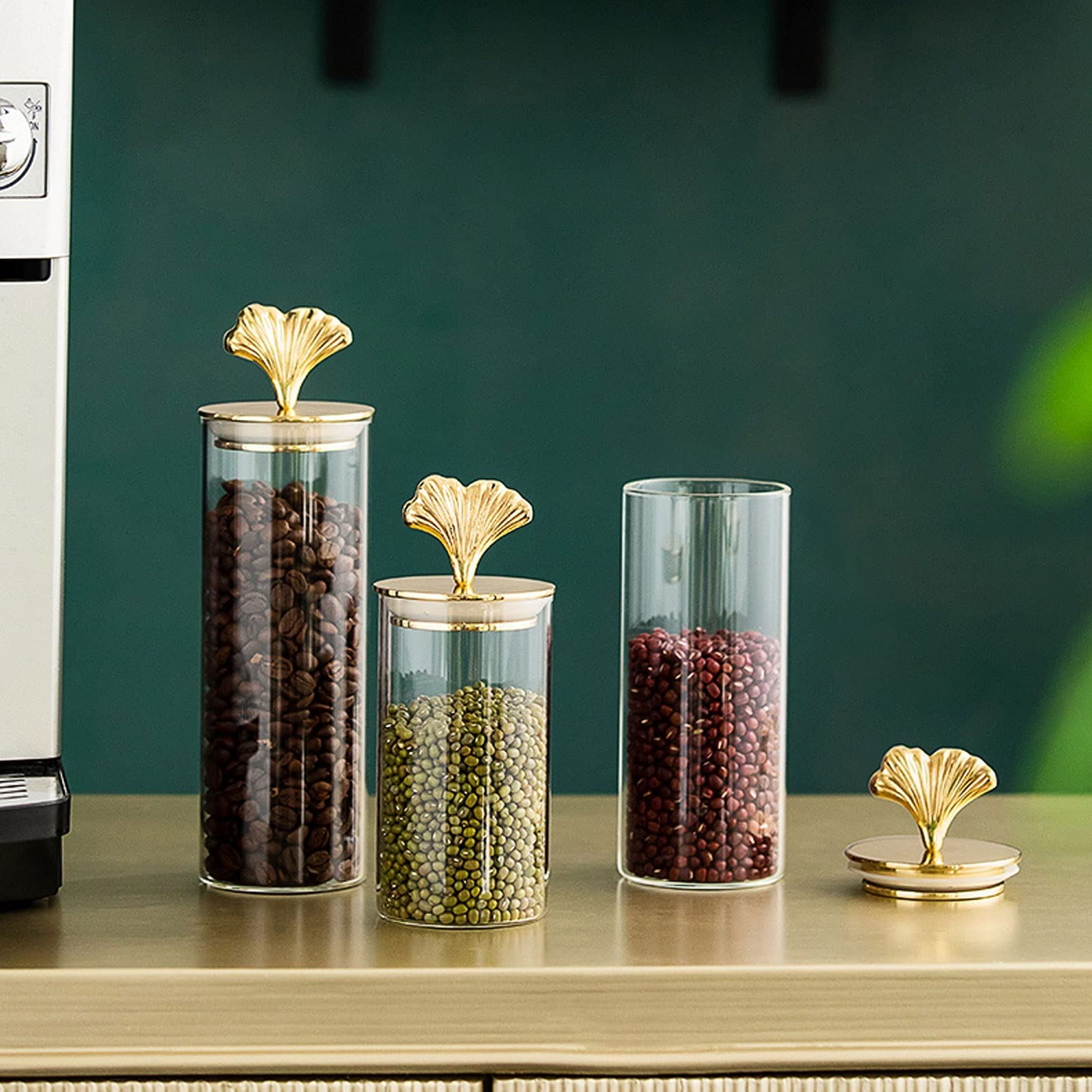 Botes para Alimentos Ginkgo Biloba Frascos de almacenamiento decorativos con tapa EUROPE GILDED CRAFT CRAFT Botella de cristal Dispensador de grano Sellado Bocadillos Jar Decoración del hogar Botes He