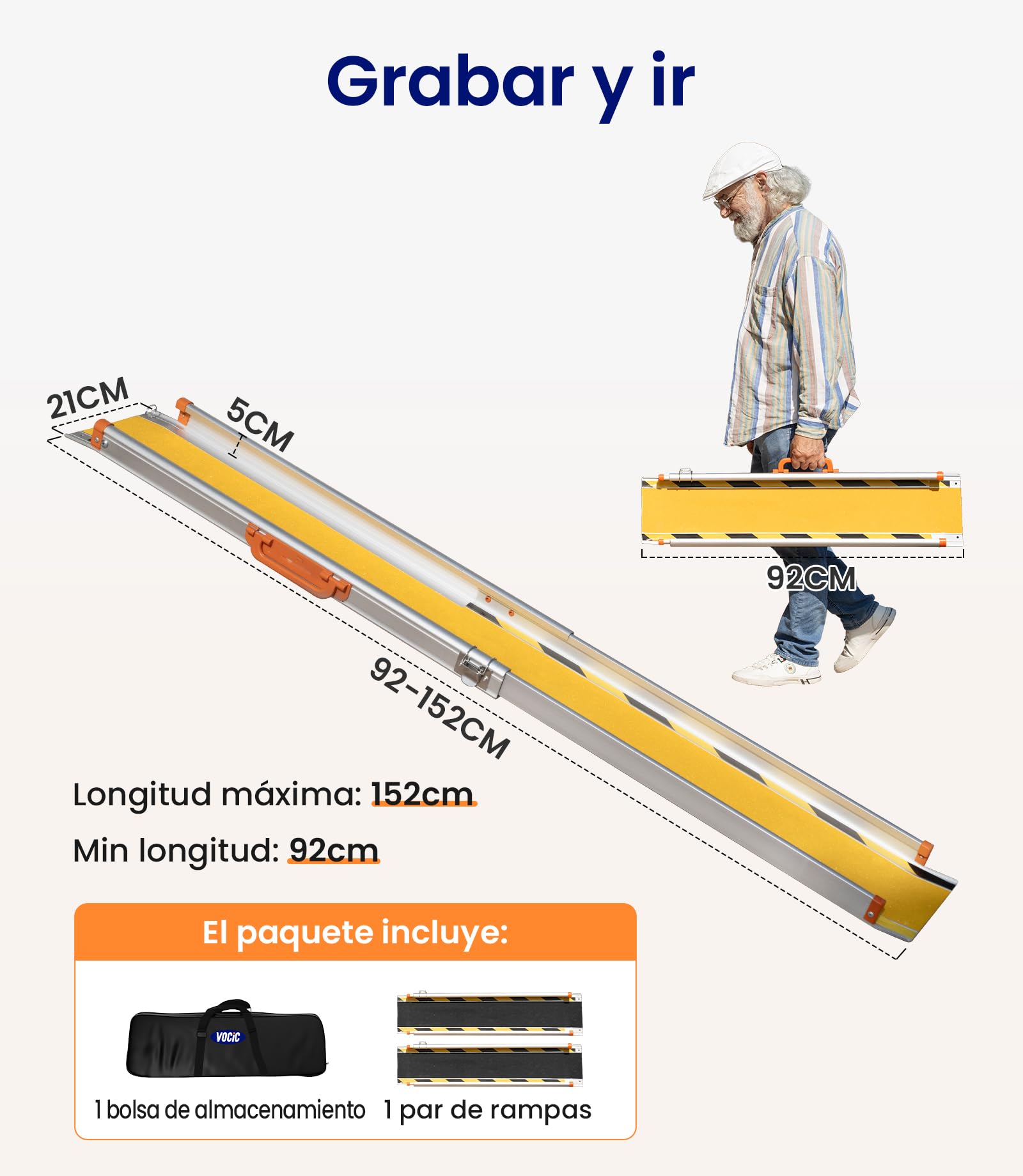 VOCIC CP31 Rampa para silla de ruedas para escaleras 92-152 cm, rampa para silla de ruedas portátil | Rampa telescópica plegable de aluminio para sillas de ruedas, solo 7 kg, rampa de carga hasta 300 kg, color amarillo