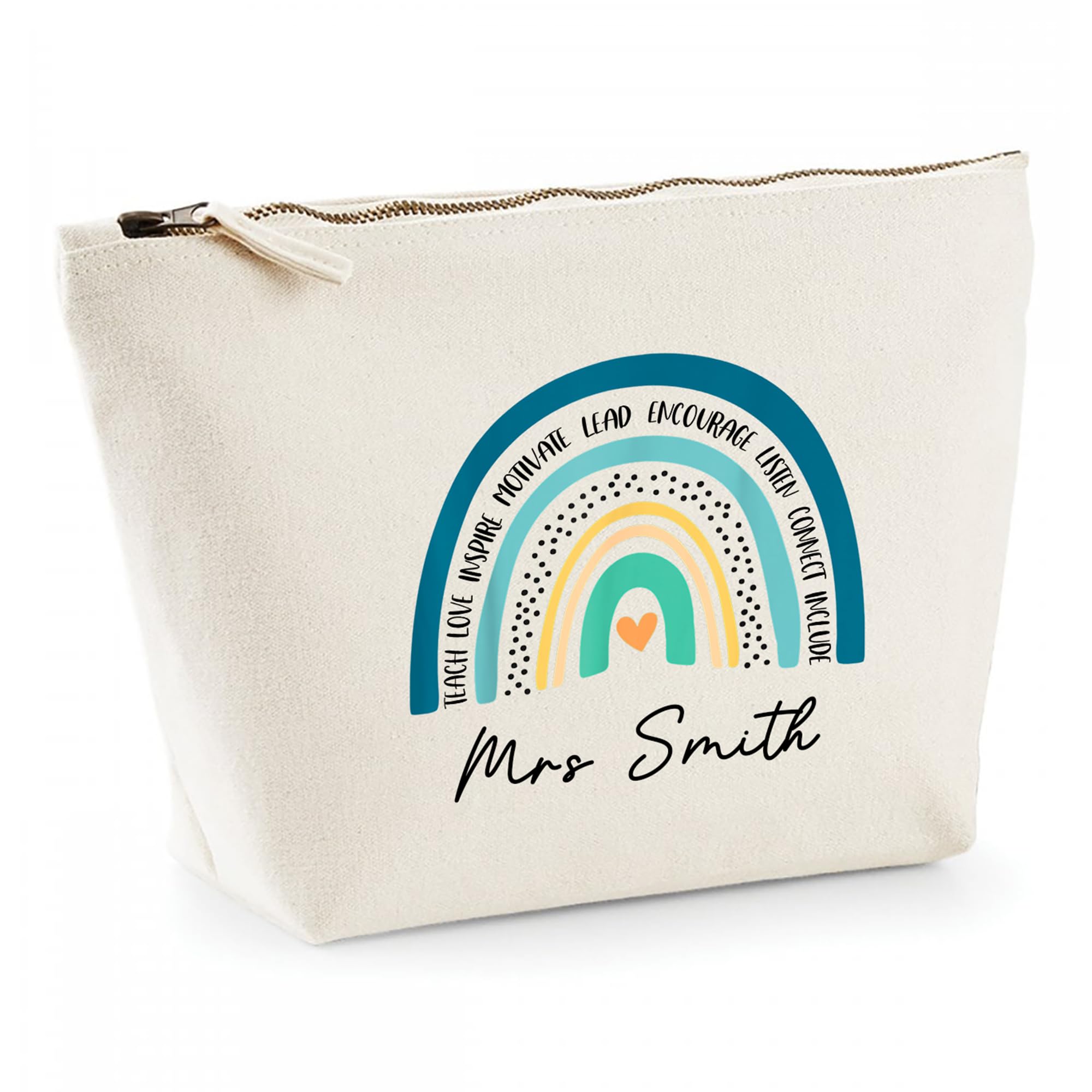 Personalised Teacher Gift - Custom Name Pencil Case with Teal Rainbow & Motivational Words - Canvas Zip Pouch for End of Term Thank You - SEN, Nursery or School Staff Present โ image 1