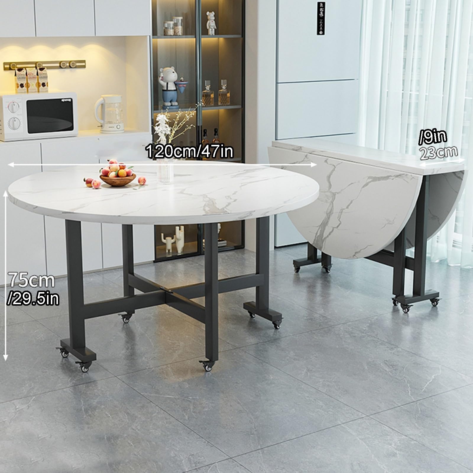 Przenośny składany stół do jadalni – okrągły stół kuchenny z 6 kółkami, wysuwany do domu i biura, oszczędzający miejsce design z czarnego orzecha włoskiego, idealny do małych rozmiarów