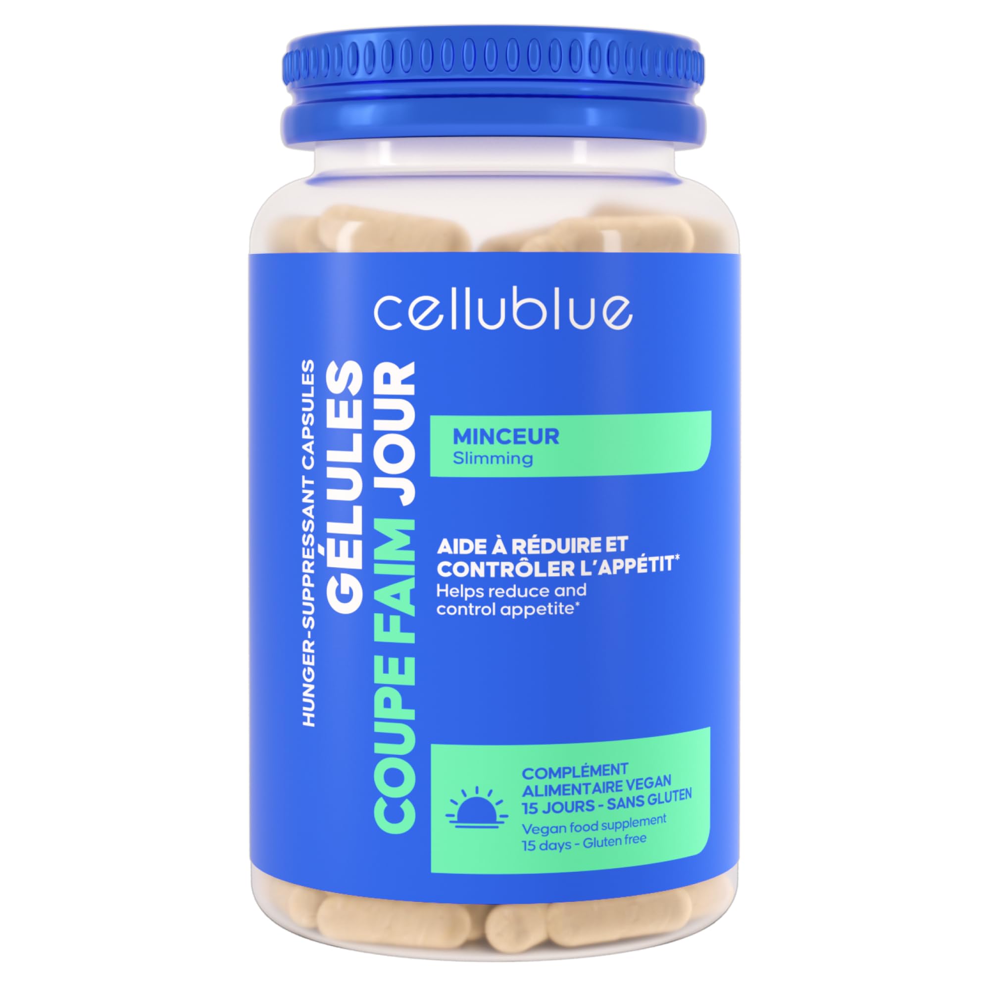 Gélules Coupe-Faim Naturelles Cellublue - Prolonge la sensation de satiété - Réduit l’Appétit & les Fringales - Caroube & Fucus - Vegan, Sans Gluten & Lactose - Complément Alimentaire Perte de Poids