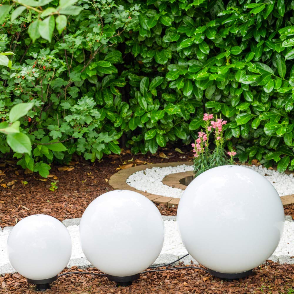 Palline luminose, lampada a sfera set di 3, lampade da esterno in plastica bianca Ø 30, 40 e 50 cm, sfere luminose con attacco E27, lampade a sfera con 5 metri di cavo di alimentazione, senza