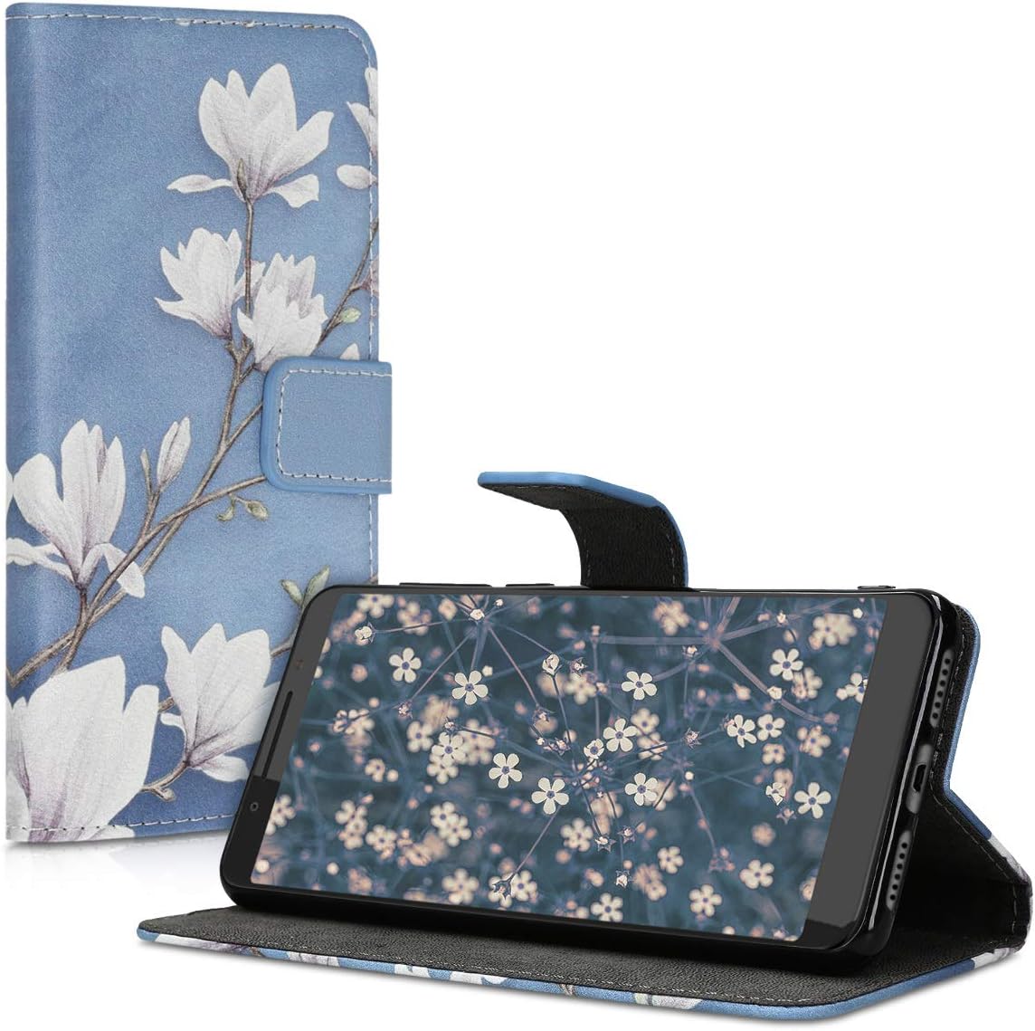 kwmobile Wallet Case Compatible with Alcatel 3 / 3L (2019) - Case Faux Leather Cover - Magnolias Taupe/White/Blue Grey