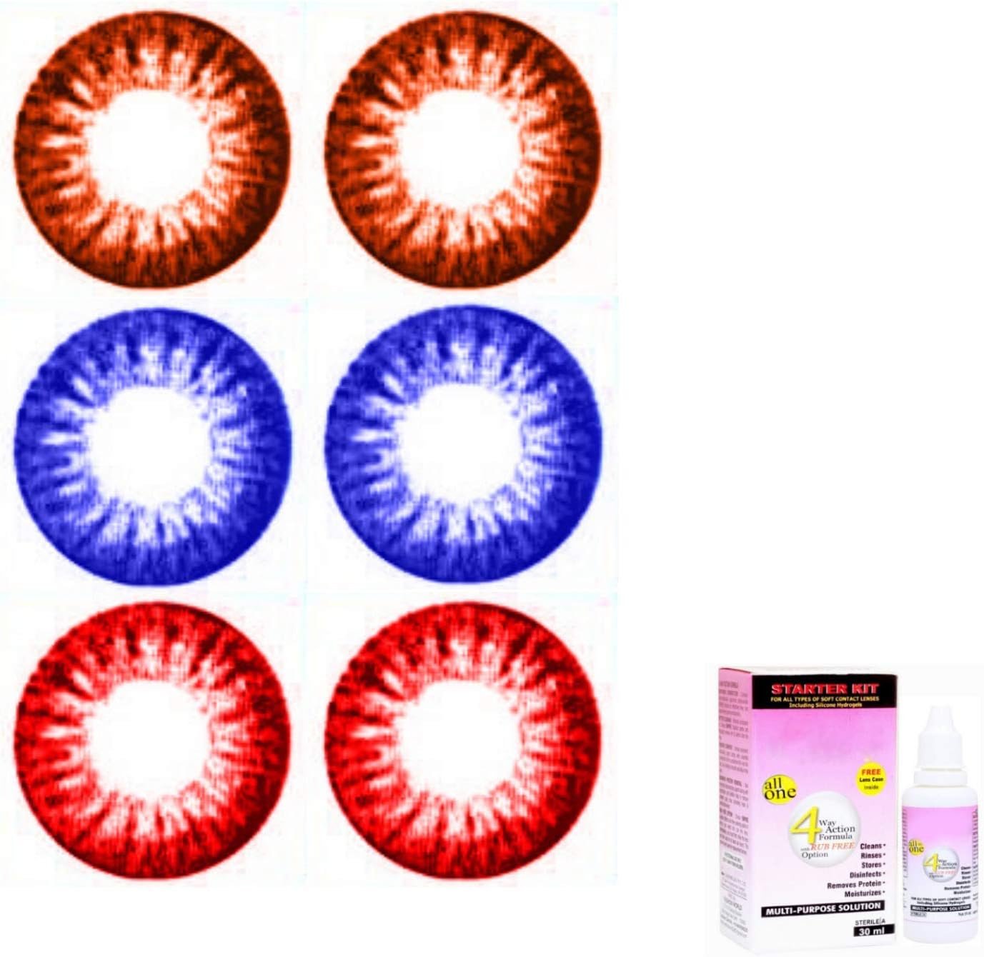 EYCOG 3 Pair Brown-Blue-Red Monthly Colored 0 Power Contact Lenses for Eyes Men and Women with 30 ml lesn solution