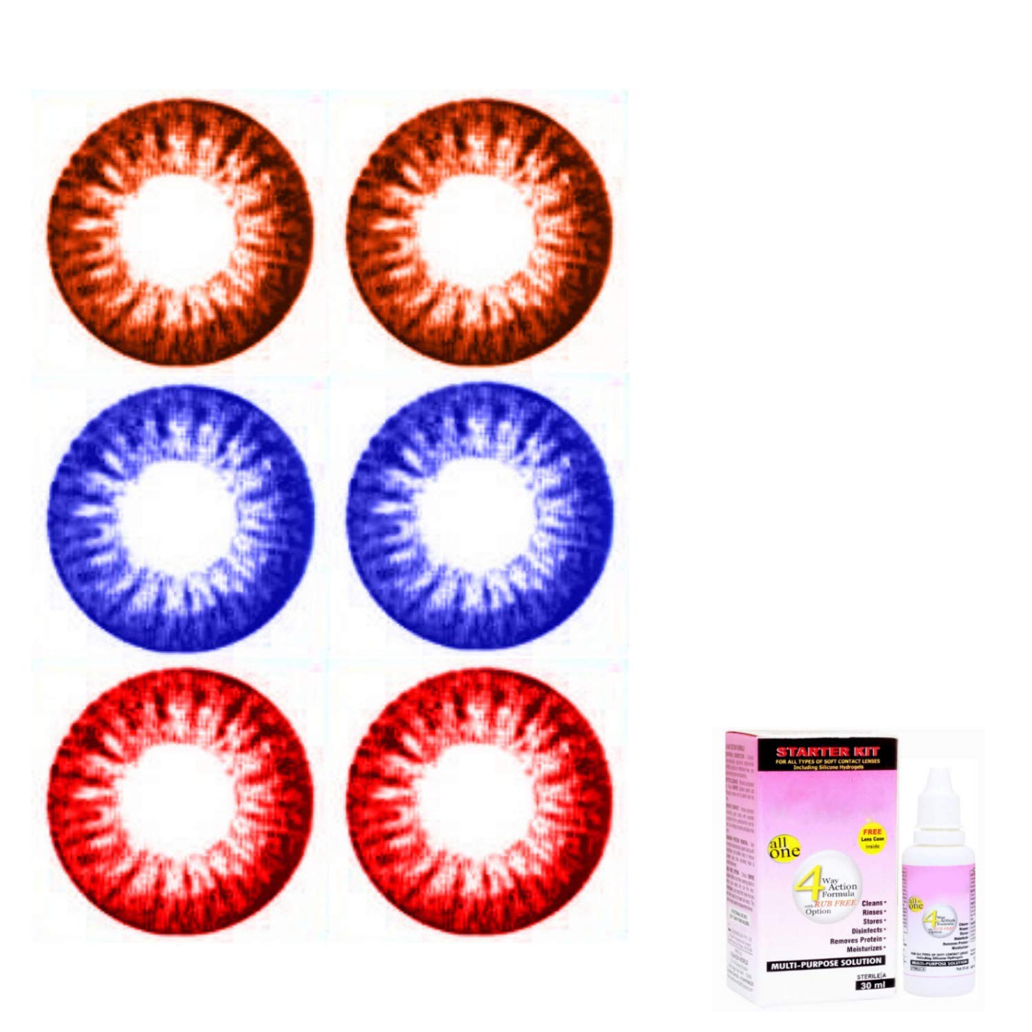 EYCOG 3 Pair Brown-Blue-Red Monthly Colored 0 Power Contact Lenses for Eyes Men and Women with 30 ml lesn solution