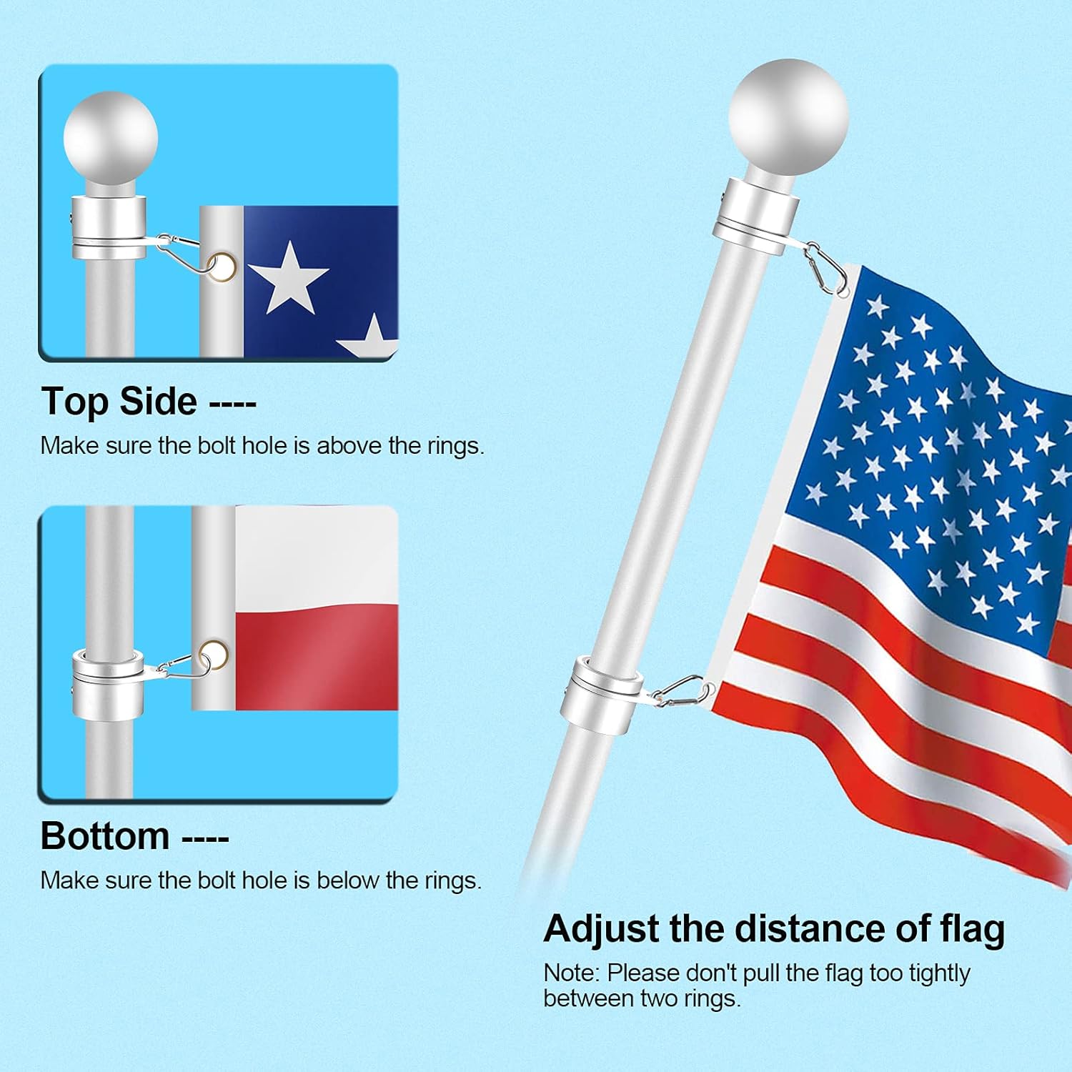 REERON 1" Flag Pole Rings Clips 360° Rotating Flagpole Swivels Clips Flag Mounting Rings - Aluminum Alloy Anti Furling Flagpole Rings Flag Parts Kit for 0.75-1.02 Inch Diameter Pole (Silver - 2PCS) : Patio, Lawn & Garden