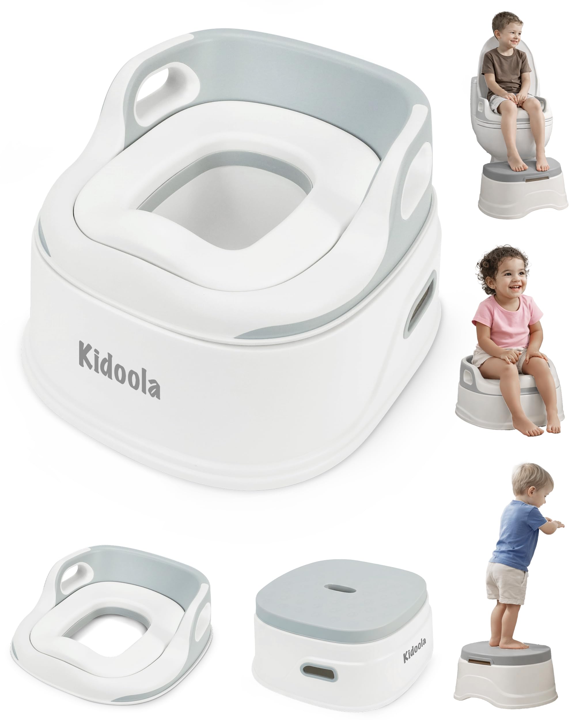 Kidoola 3-in-1 Potty Training Seat & Step Stool, Convertible Potty Chair & Toilet Trainer for Kids Ages 2–4+, Universal Fit, Removable Bowl, Non-Slip, Easy Clean, Lightweight, Grey – 40.5x37.5x25cm
