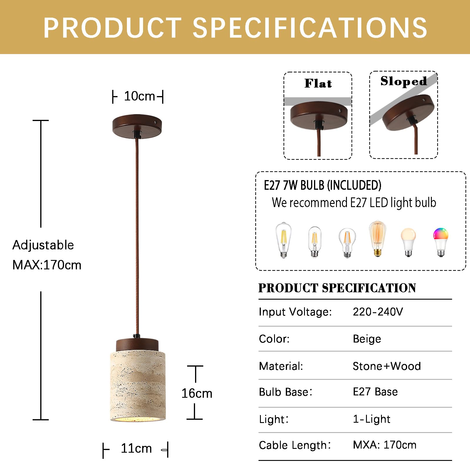 7W Natürliche Travertin Hängeleuchte Wabi Sabi Stil Deckenlampe Deko Hängelampe Höhenverstellbar Lampen Moderne Pendelleuchte Küchenlampe für Schlafzimmer Esszimmer Wohnzimmer Küche Diele
