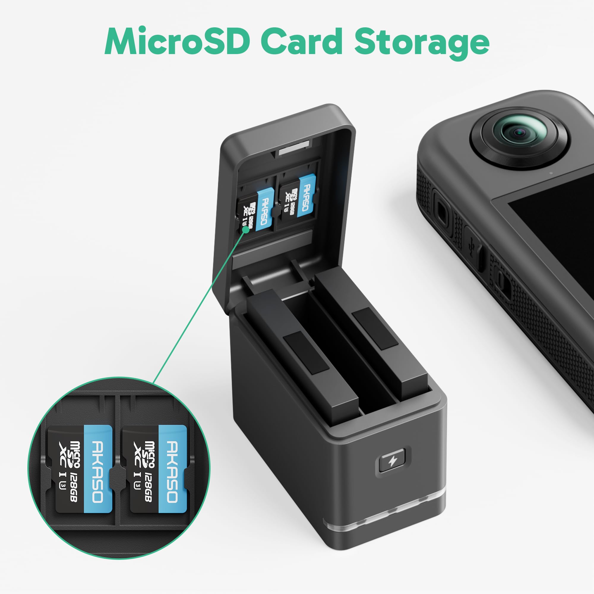 AKASO Batterie et Chargeur pour Caméra Sport AKASO 360, 2 Batteries Rechargeables de 1350mAh avec Boîtier de Charge à 3 Canaux et Emplacements pour Cartes microSD.