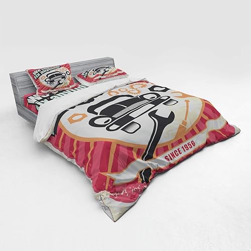 Miniatura 2 de Lunarable 1950s Juego de funda de edredón de auto Service Retro Poster mecánico diseño de taller de transporte mecánico, juego de cama de 4 piezas