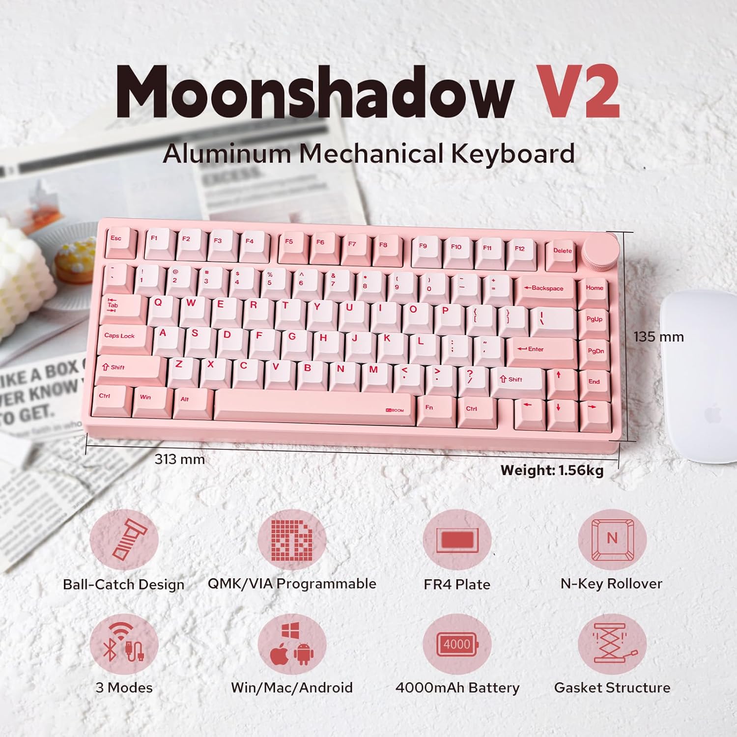 KiiBoom Moonshadow V2 75% Wireless Aluminum Gaming Keyboard, QMK&VIA Programmable, BT5.0/2.4GHz/USB-C, Hot-Swappable Creamy Mechanical Keyboard with FR4 Plate, Knob, 4000mAh Battery (Pink)