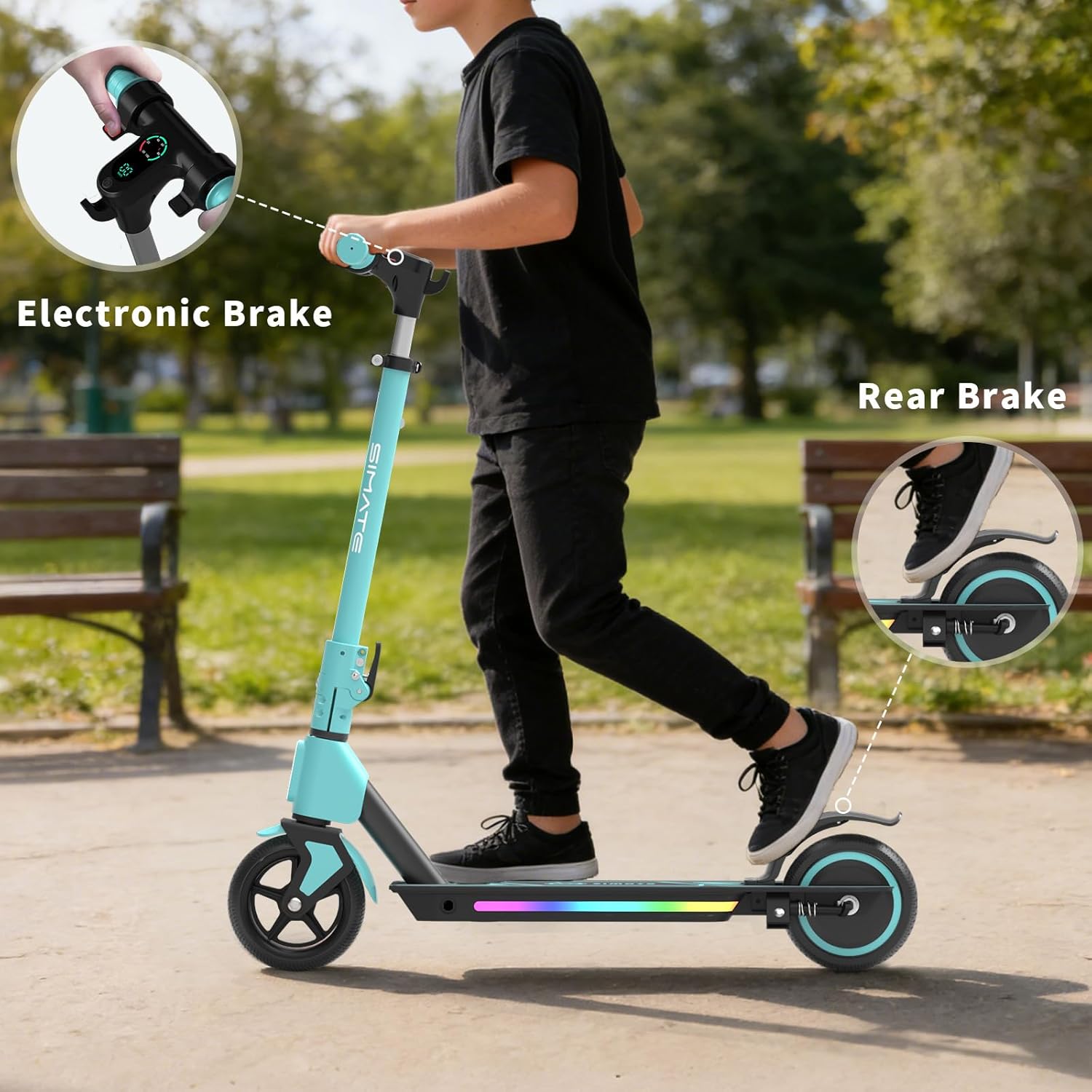 SIMATE Electric Scooter for Kids Ages 6-14, 3 Adjustable Heights 34"/37"/39", LED Display & Colorful Lights, Foldable Kids Electric Scooter, 8.7 MPH Safe Speed, Gifts for Boys Girls