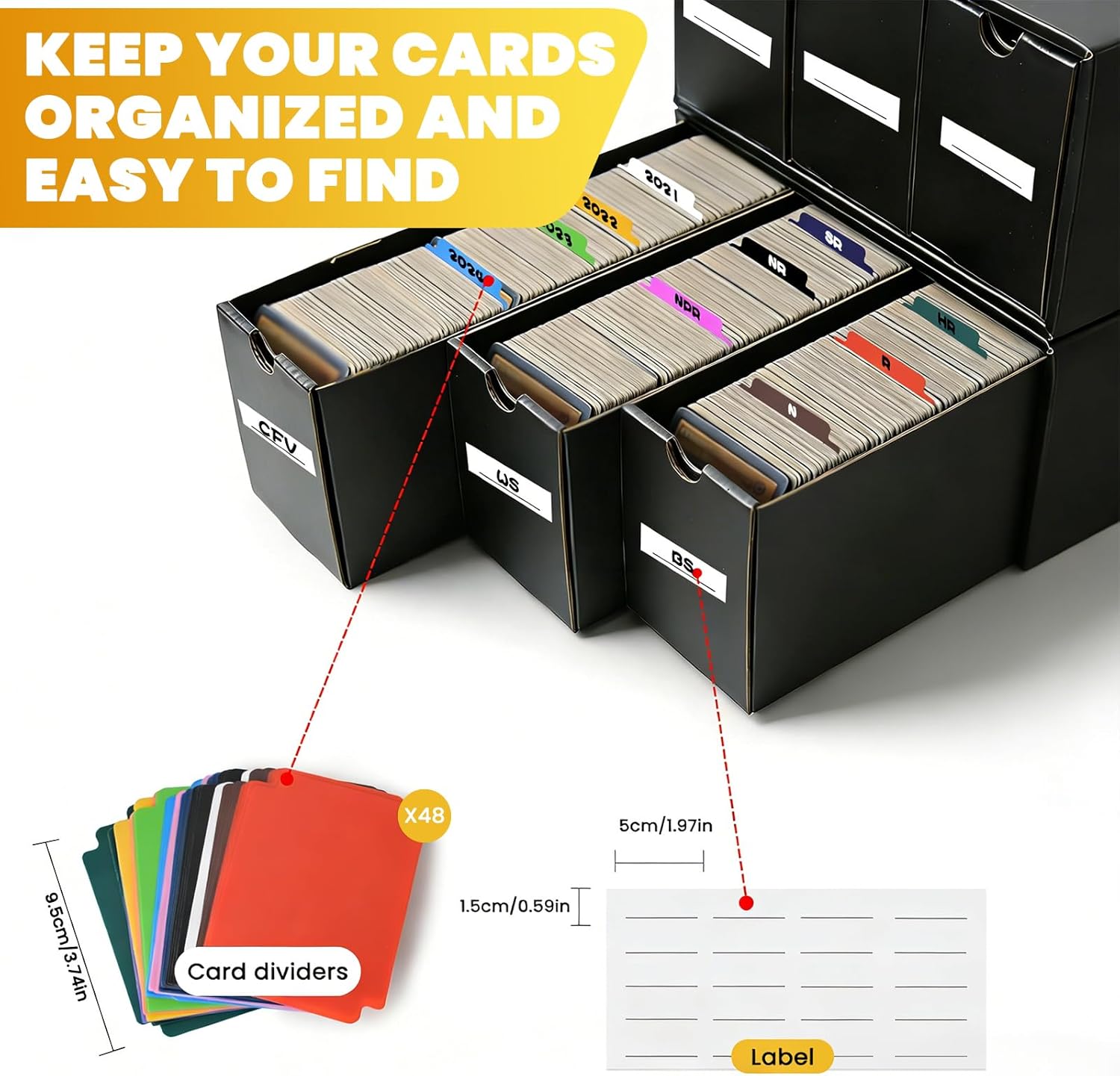 JUMPOW Trading Card Storage Box - 12000+ Card Storage Box Organizer, Bulk Card Sports Card Storage Boxes With 48 Card Dividers, Labels & Tapes, For TCG/MTG/PTCG/Baseball Card Storage And Collection