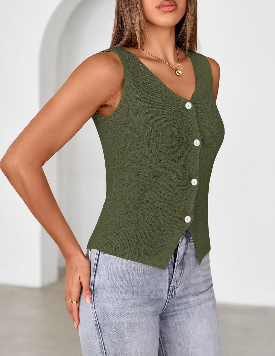 MEROKEETY Women's Sleeveless Sweater Vest 2026 Spring Summer Knit Tank Top Casual V Neck Button Waistcoat Cardigan - Image 4