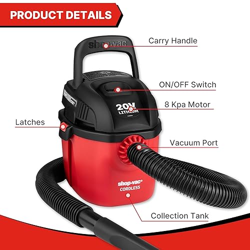 Miniatura 3 de Shop-Vac Aspiradora inalámbrica en seco y húmedo, aspiradora inalámbrica de 8.0 Kpa de pico con soporte de pared de mango plegable y accesorios