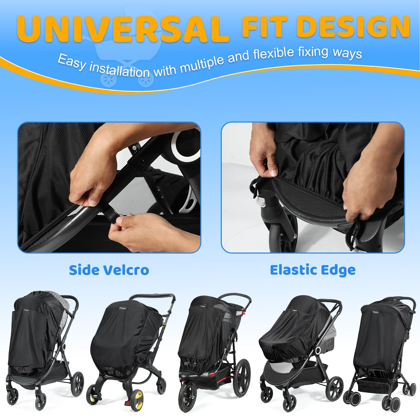 Orzbow Pram Sun Shade, Breathable Sun Shade for Pram with Mosquito Net & Zip, Universal Buggy Sun Shade with Double Opening, Strong Sun Shading, Easy Access, Blocks 95% UV(UPF 50+), Black — view 5