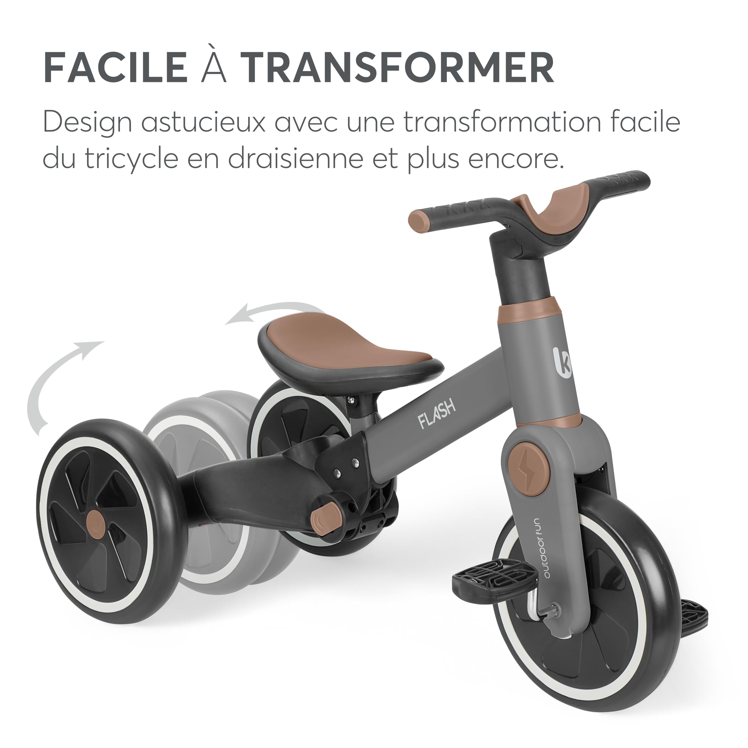 KikkaBoo Tricycle Bébé Évolutif 5 en 1 Flash, Vélo sans Pédales et Draisienne Évolutive, Poignée Parentale Réglable, Roues EVA, Cadre en Acier, de 18 Mois à 4 Ans, Gris