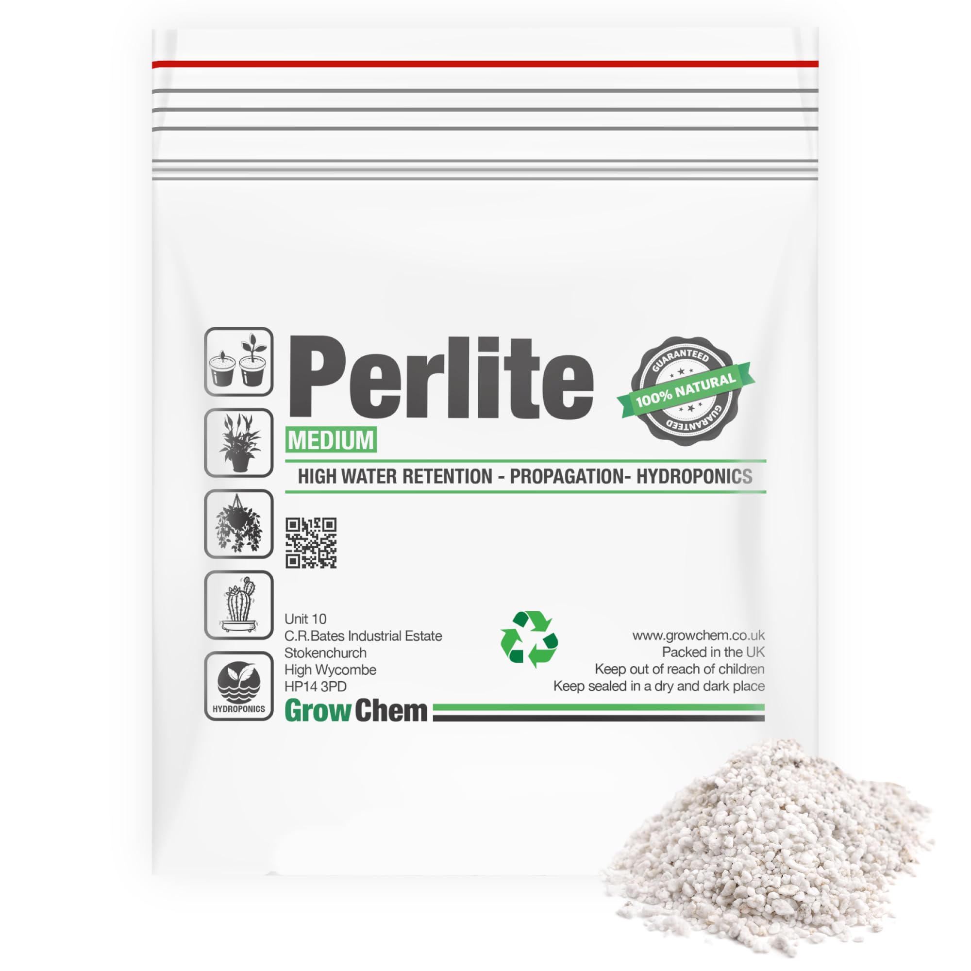 Grow Chem Perlite for Plants (2.5L Bag) Medium Grade(2-5mm) Perlite Potting Mix-Quality Growing Medium for Natural Root Growth,Indoor&Outdoor Seeds and Plants Perlite Soil Aeration and Drainage