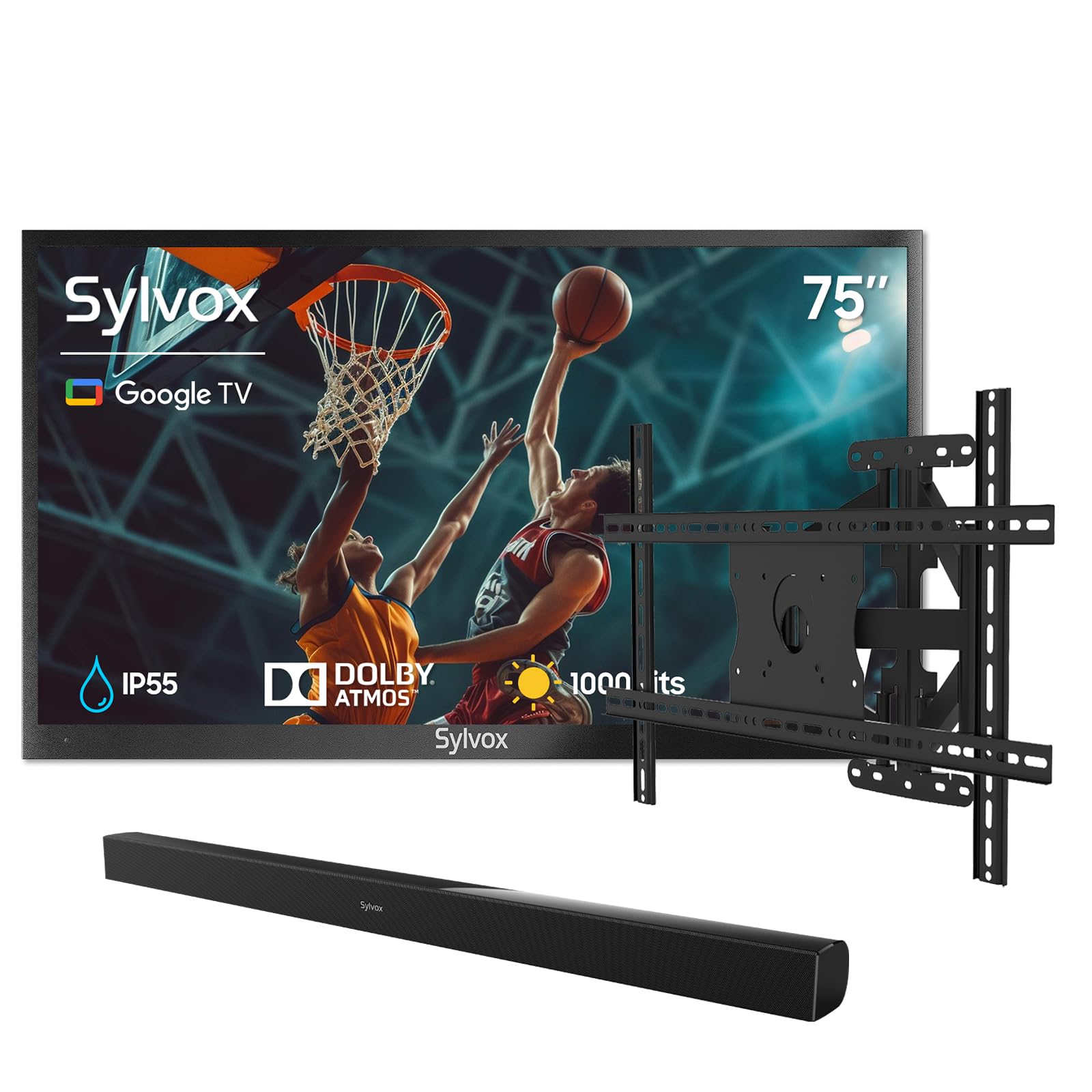 SYLVOX 75-Inch Outdoor TV Smart TV Compatible with Google TV Waterproof Soundbar Adjustable Wall Mount