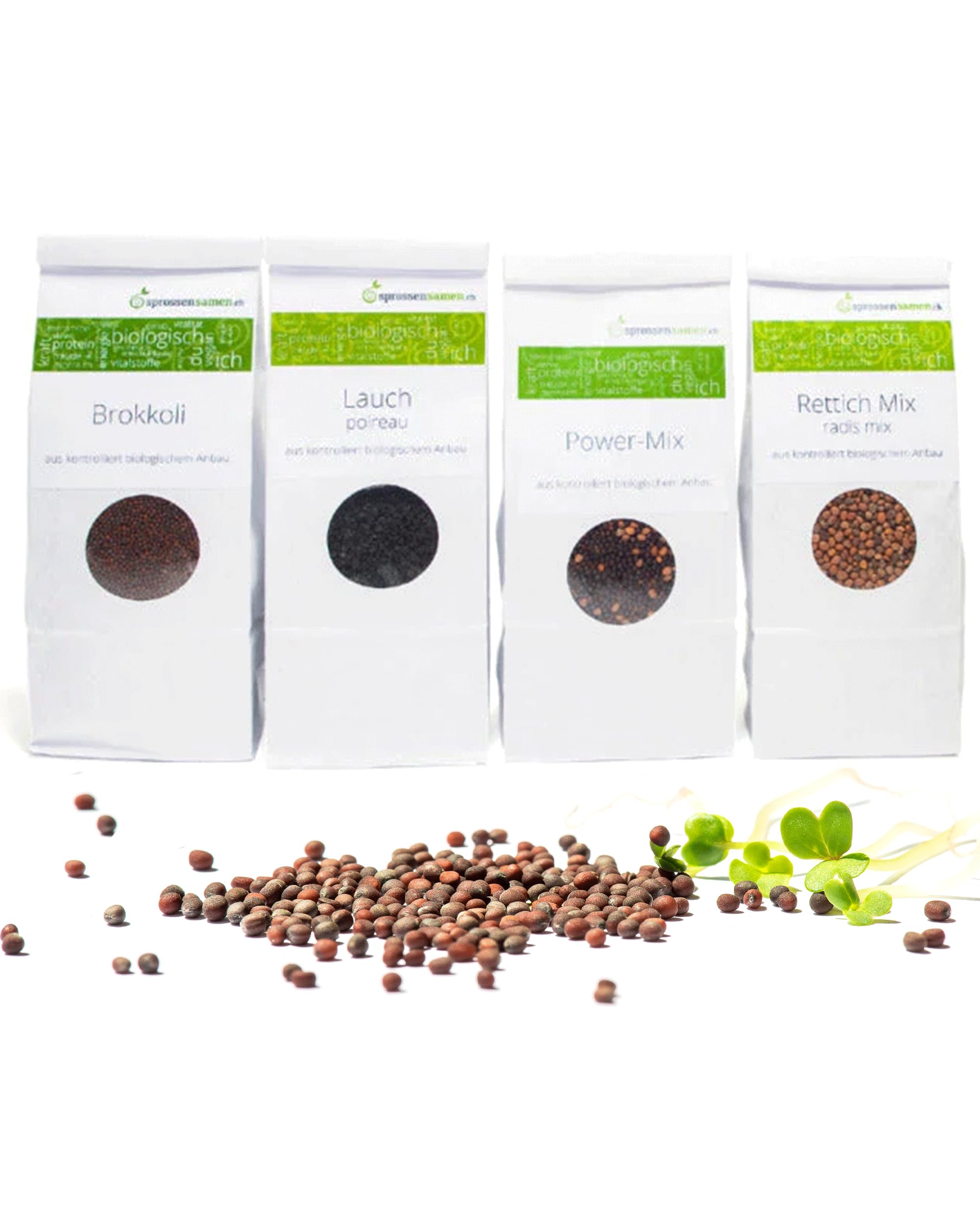 Immun-Paket bio Sprossensamen 850g für Keimglas - Brokkoli Bio & Rettich-Mix Bio & Power-Mix Bio je 250g und Lauch Bio 100g - Keimsprossen Samen für Sprossenglas