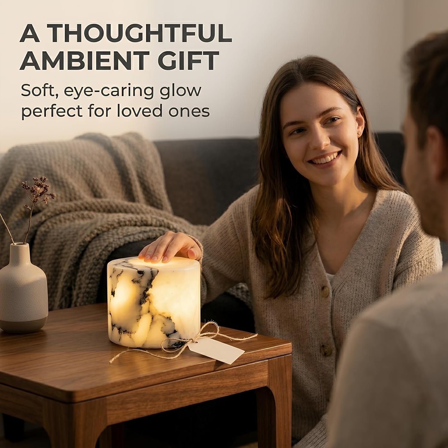 Touch Control Marble Night Light, Type-C Rechargeable Bedside Lamp with 5 Dynamic Color Modes, Accent Stone Light for Bedroom Desk & Gift (White 2)