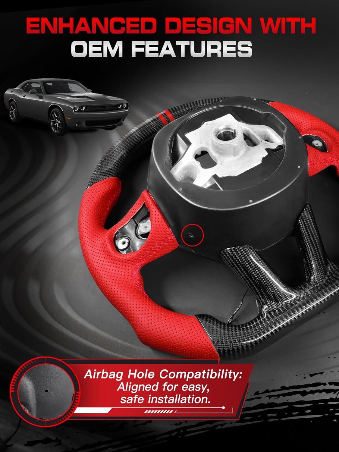 LED Heated Carbon Fiber Steering Wheel for Dodge Challenger 2015–2024, 3K Glossy Finish, D-Shape Flat-Bottom, Red Grip with Red Stitching & Dual Center Stripes