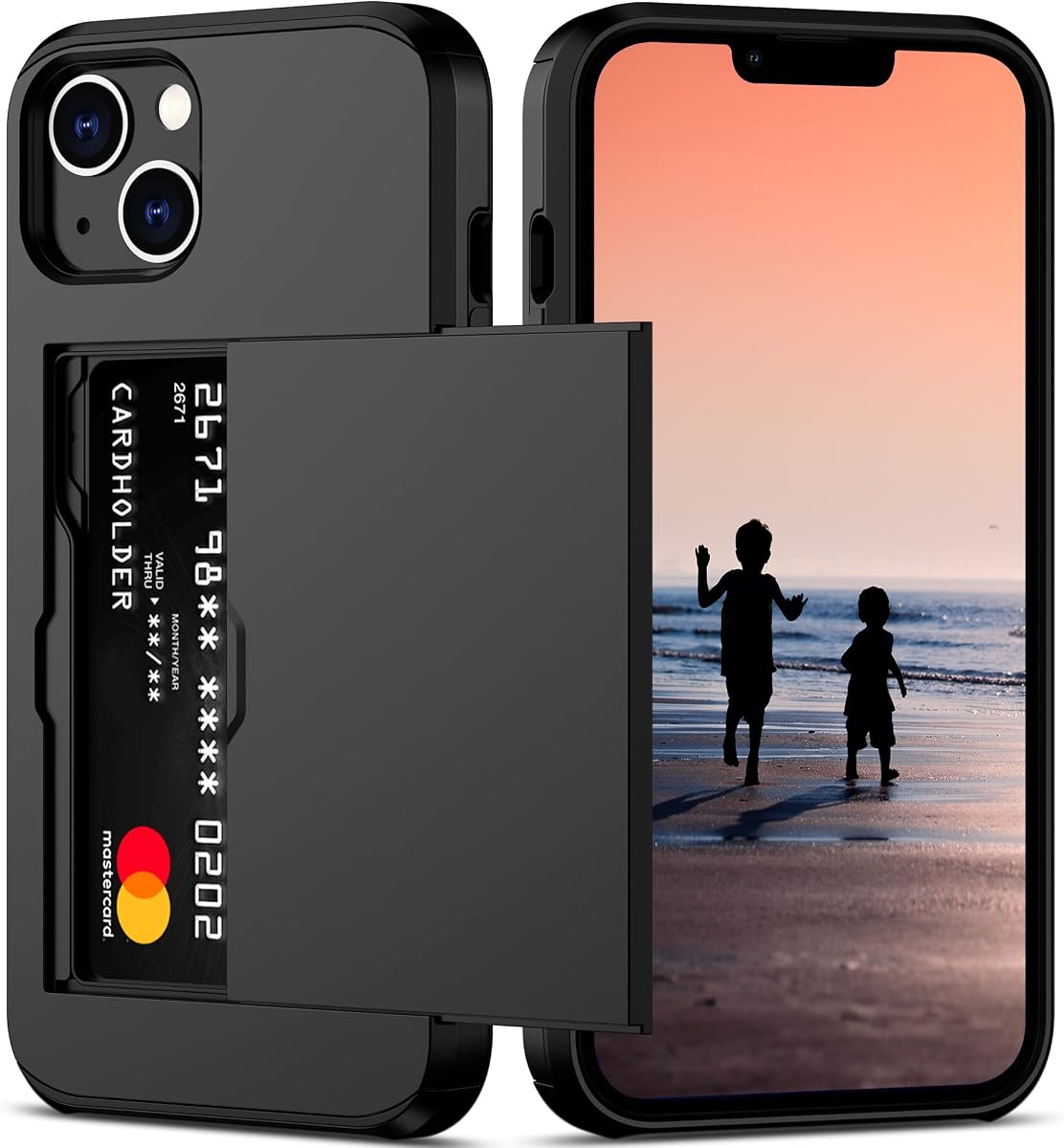 Nvollnoe for iPhone 14 Case with Card Holder Black | Heavy Duty Protective Dual Layer Shockproof Hidden Card Slot, Slim Wallet Case for iPhone 14 for Women&Men