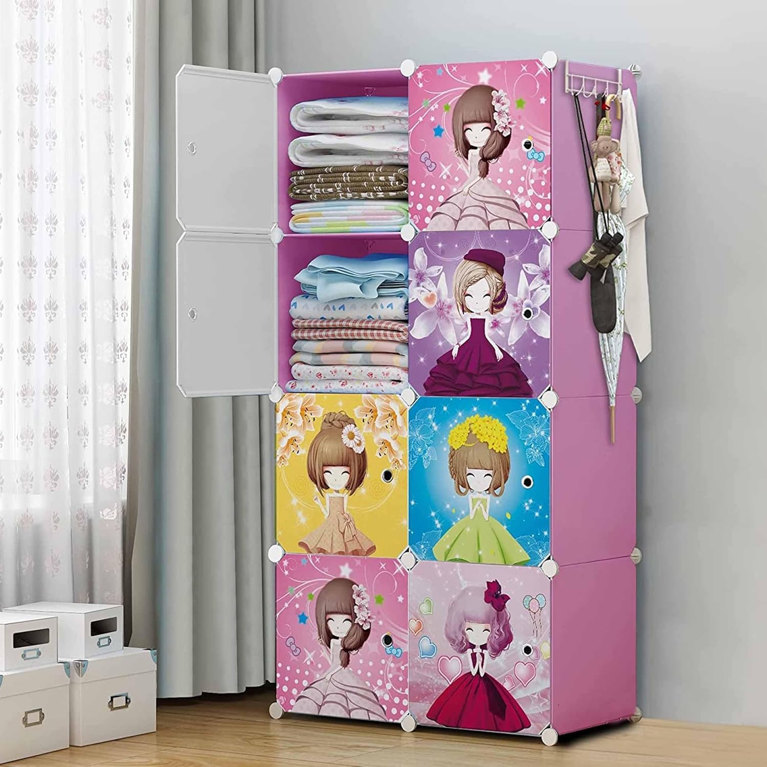 Plastic Rack for Storage, Kids Foldable Wardrobe for Clothes, Collapsible Wardrobe, Kitchen Cupboard, Clothes Storage Wardrobe, Cupboard for Clothes Plastic (Pink, 8-SHELF-8-DOOR)
