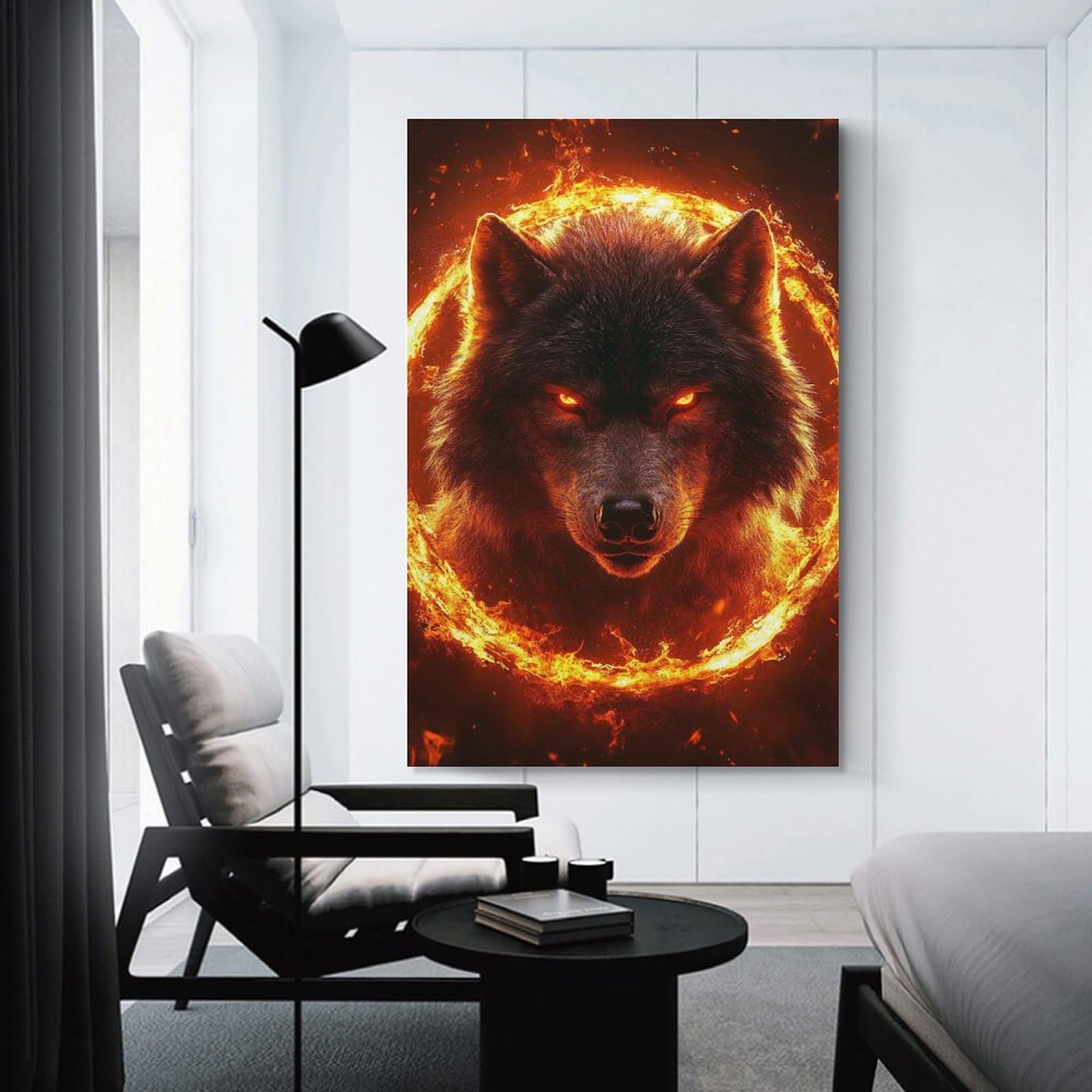 Junmoney Fiery Wolf with Glowing Eyes Canvas Wall Decor 20x30inch(50x75cm), for Workspace Walls, Study Corners Or Bedrooms, Decorative Artwork for Productive Spaces