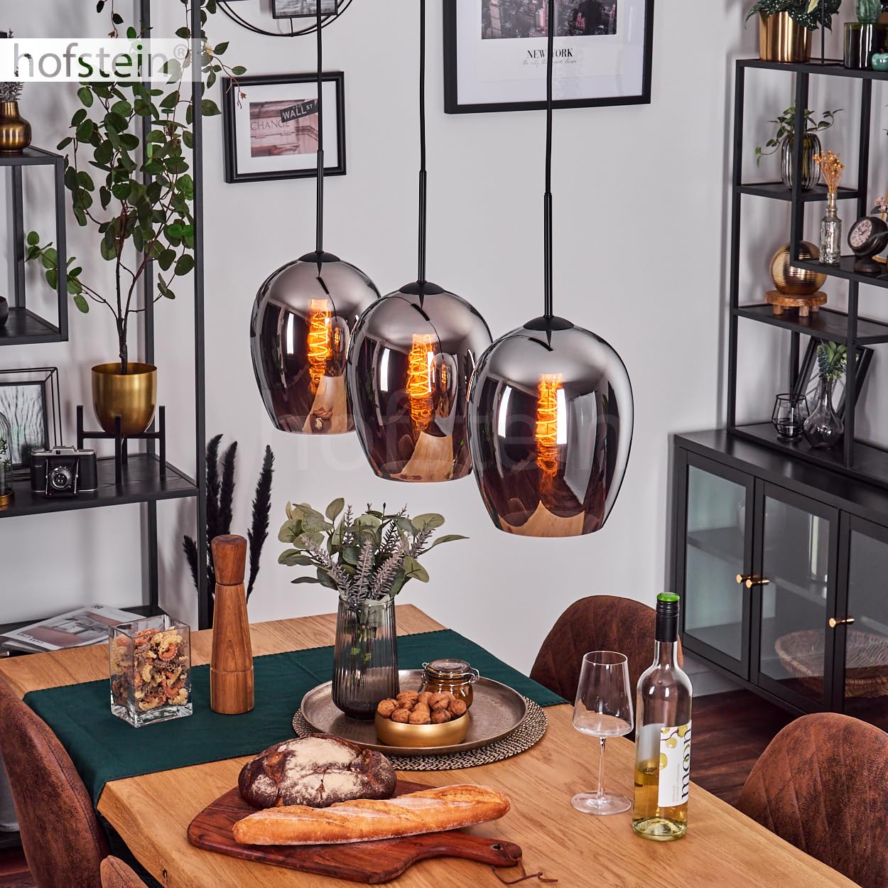 Pendelleuchte Vevino, Pendellampe aus Metall/Glas in Schwarz/Chromfarben, Leuchte im modernen Retro/Vintage-Design mit Schirmen aus Glas (Ø 20 cm), Höhe max. 132 cm, 3 x E27, ohne Leuchtmittel