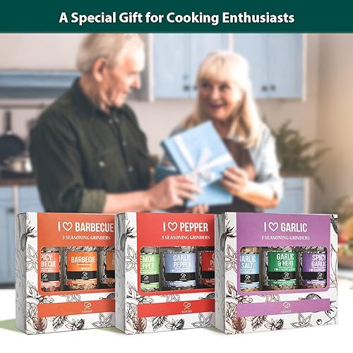 Vista 42 de Soeos Juego de 3 condimentos para especias con molinillos integrados, ajo picante, ajo y hierbas, sal de ajo, juego de regalo de condimentos.