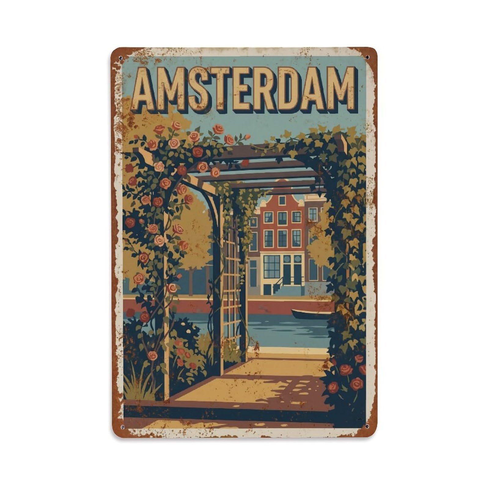 Okngb Style Pergola Garden Amsterdam Dutch Retro Country Route Metal Tin Sign Plaque Wall Decor For Cafe, Man Cave, Club Bar, Office, Home Garden Round Metal Poster 8X12inch