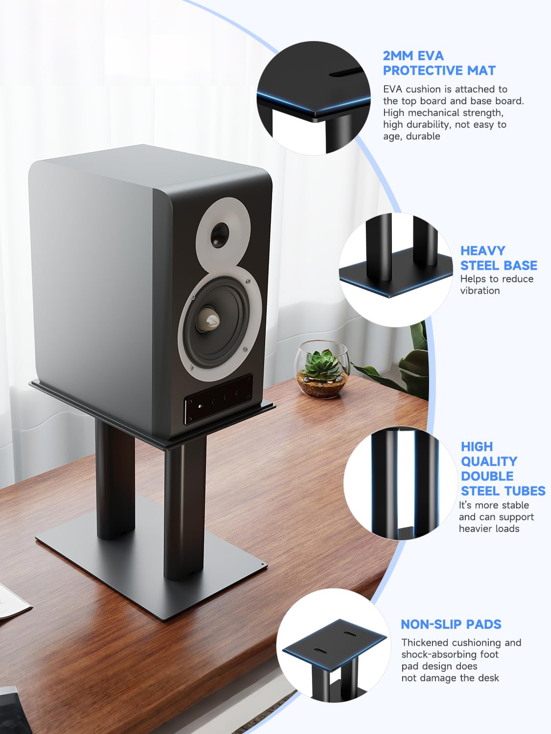 suptek Soporte de Escritorio para Altavoces (Pack de 2): Estantes de Mesa Universales para Altavoces de Estantería (Negro, SDM003XLB)