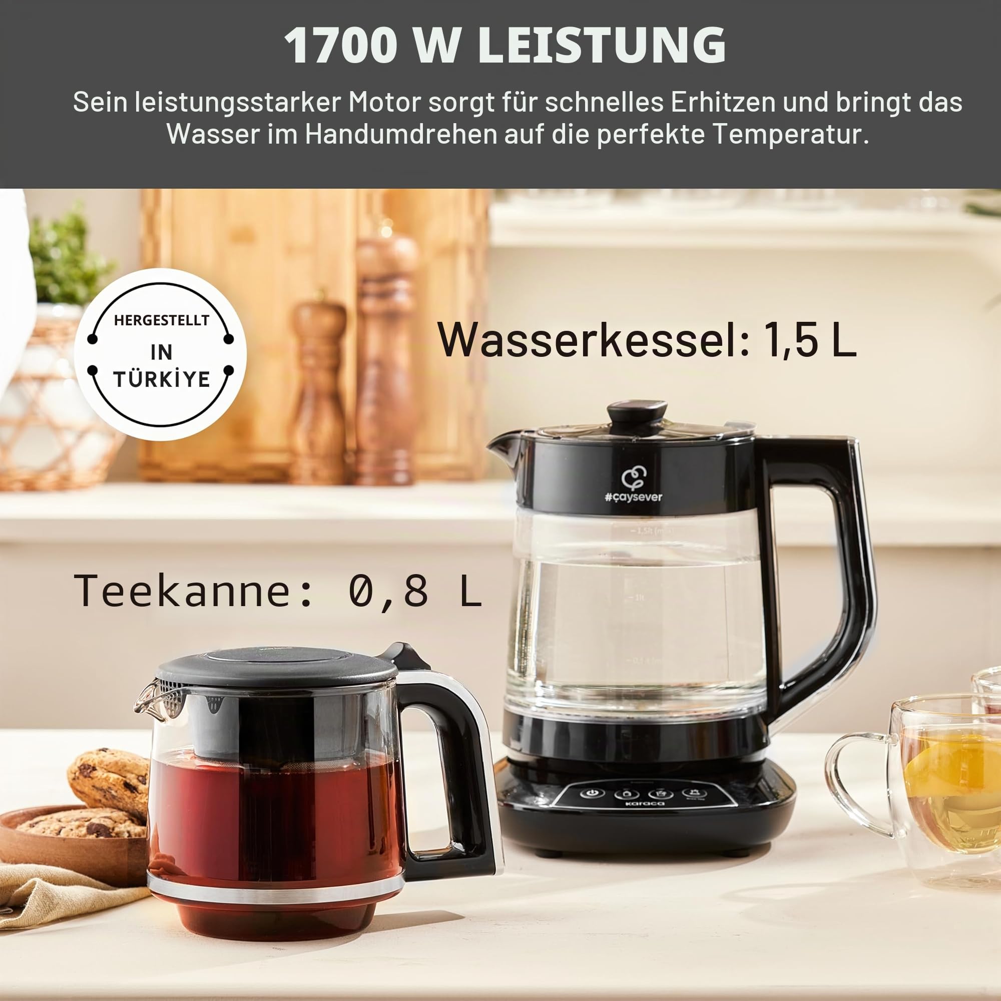 Karaca Caysever Maschine, Stahl, Chrome 1700 W, BPA-frei, 0,8 Lt Fassungsvermögen Glas-Teekanne, 1,5 Lt Fassungsvermögen Wassertank, Wasserzubereitung